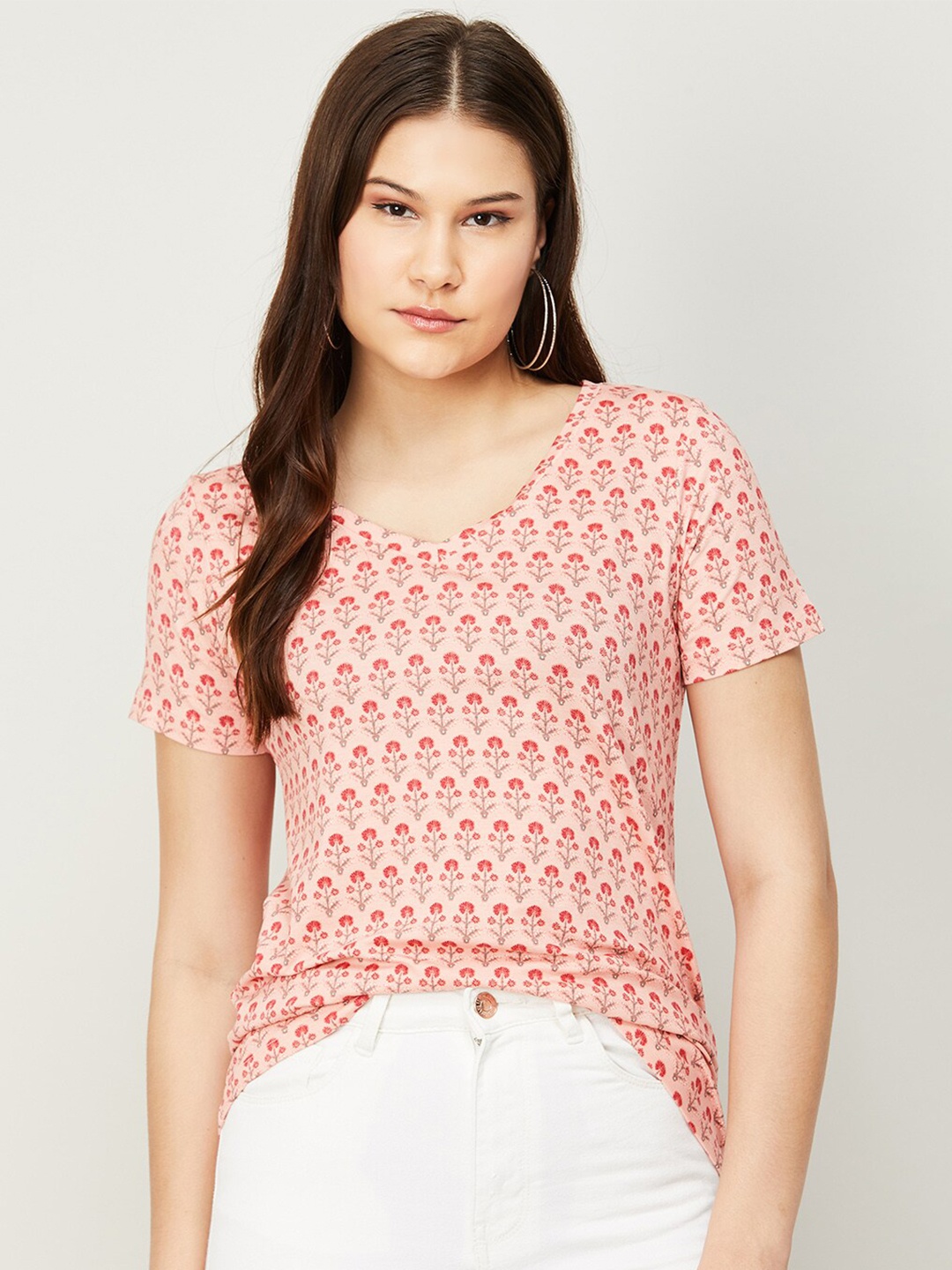 

Colour Me by Melange Women Pink Floral Printed V-Neck Top