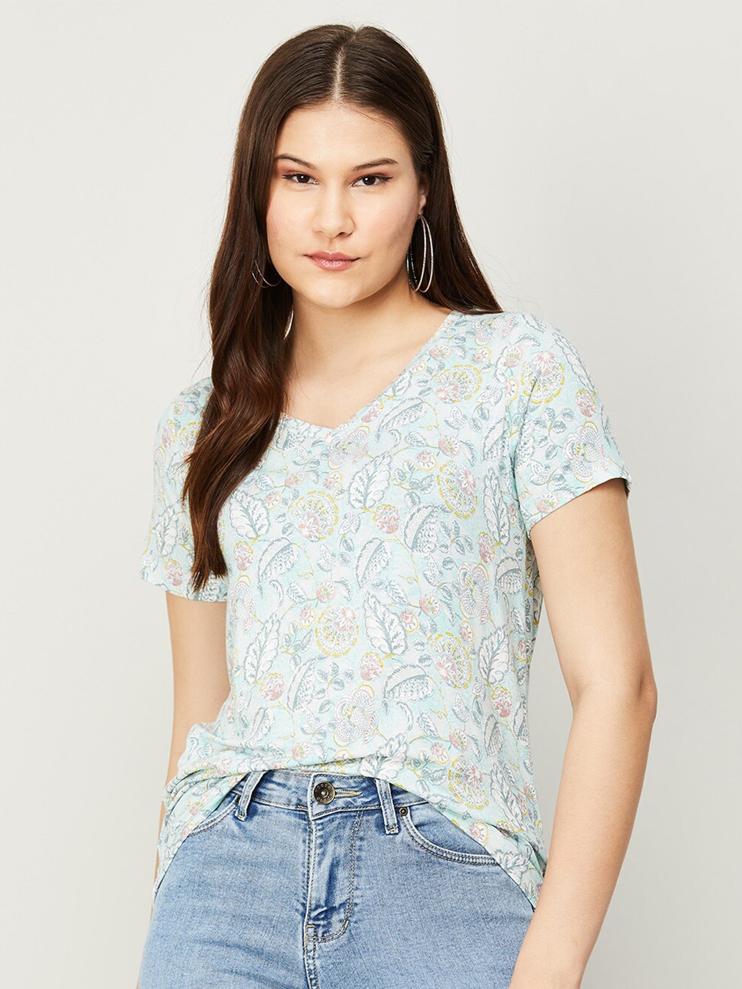 

Colour Me by Melange Women Blue Floral Printed V-Neck Top