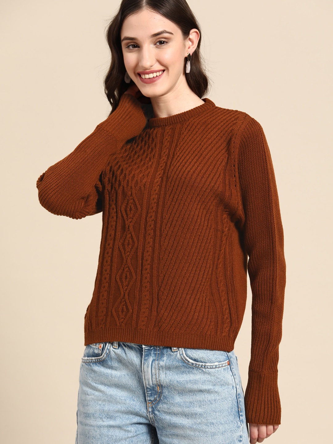 

United Colors of Benetton Women Brown Cable Knit Sweater