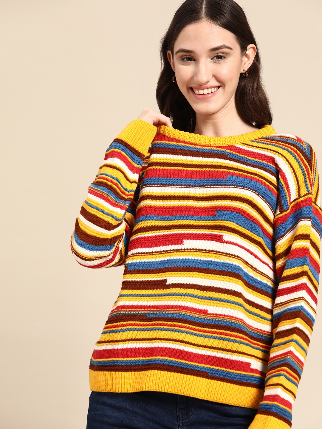 

United Colors of Benetton Women Yellow & Blue Striped Sweater