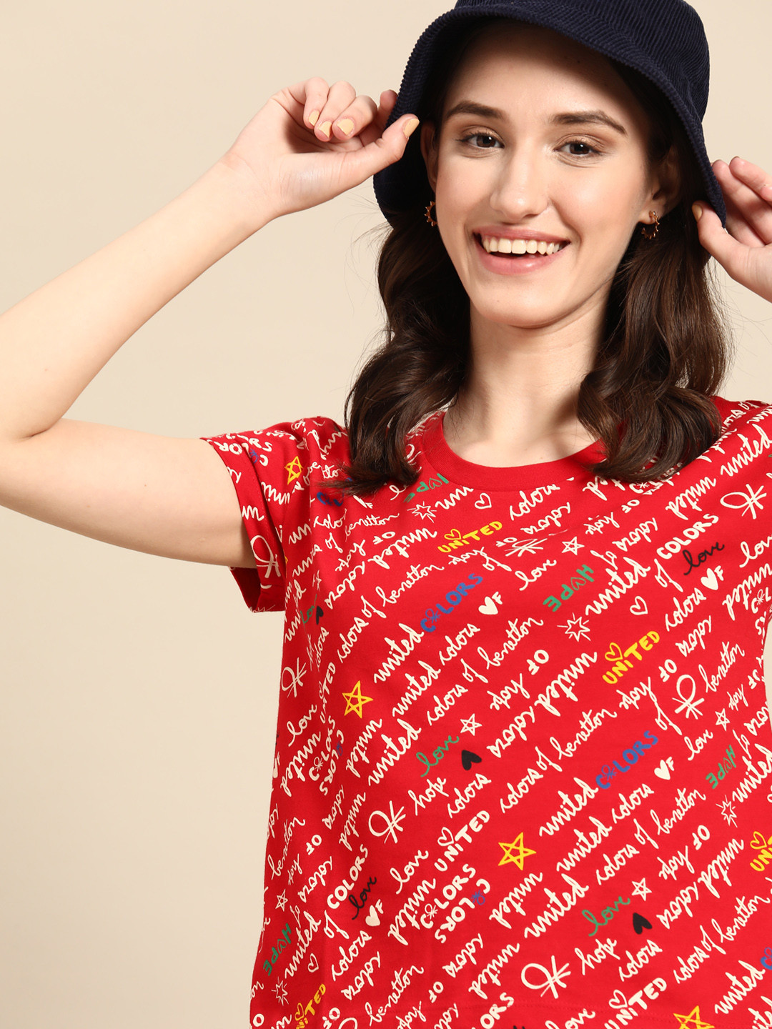 

United Colors of Benetton Women Red & Off White Typography Printed Pure Cotton T-shirt