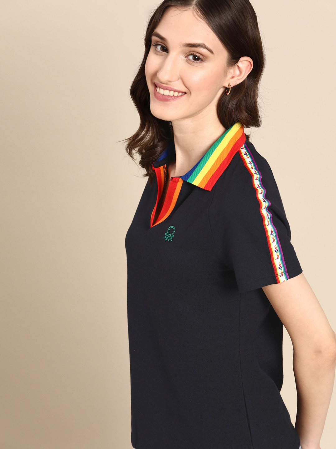 

United Colors of Benetton Women Navy Blue Solid Polo Collar T-shirt