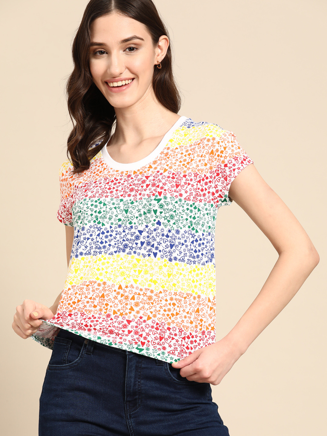 

United Colors of Benetton Women White & Red Conversational Print Pure Cotton T-shirt