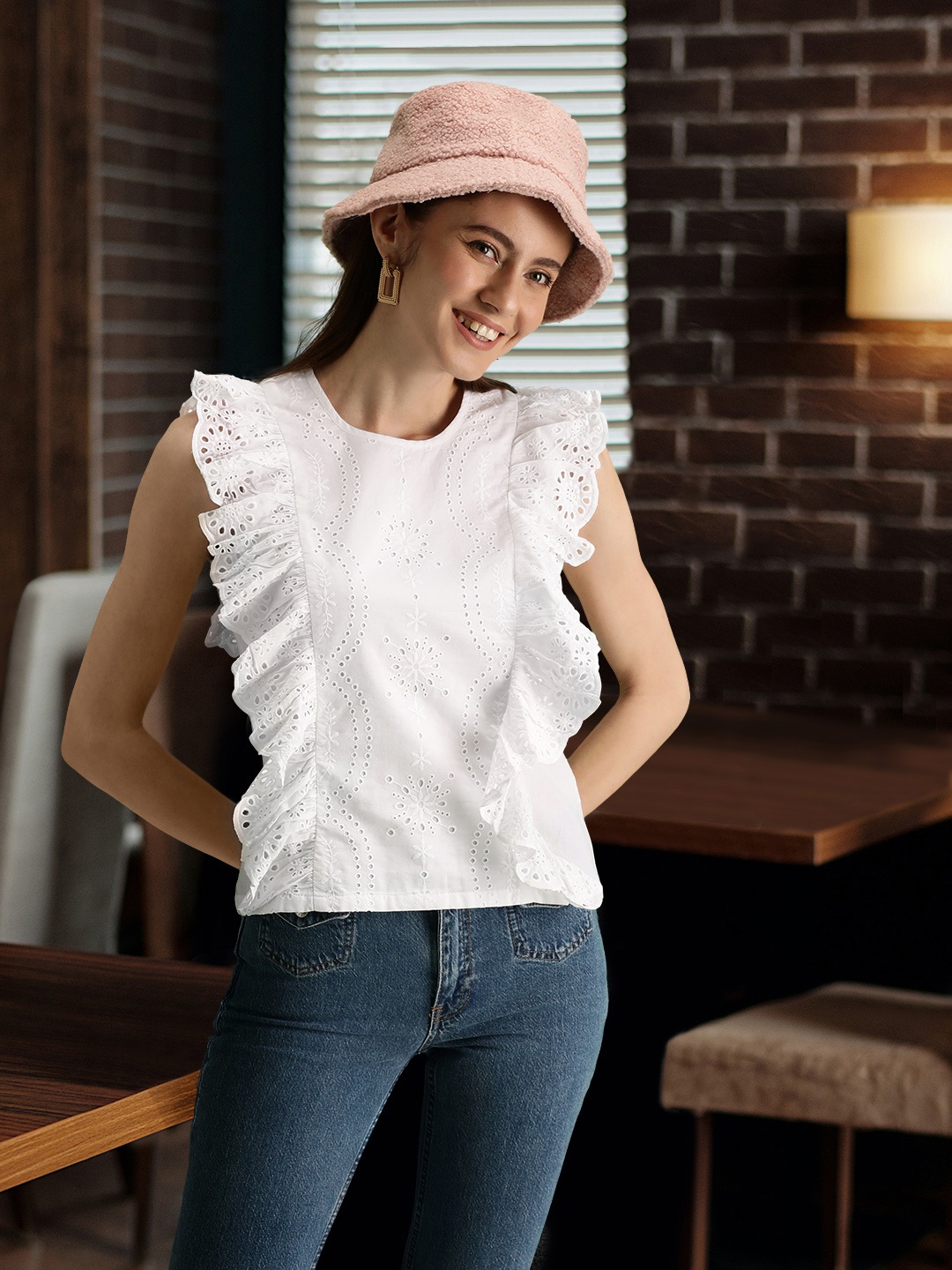

United Colors of Benetton White Pure Cotton Schiffli Embroidered Ruffles Top