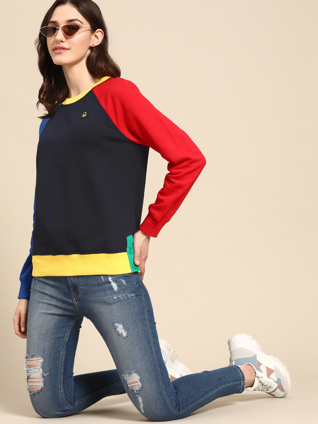 United Colors of Benetton Women Navy Blue & Red Colourblocked Sweatshirt