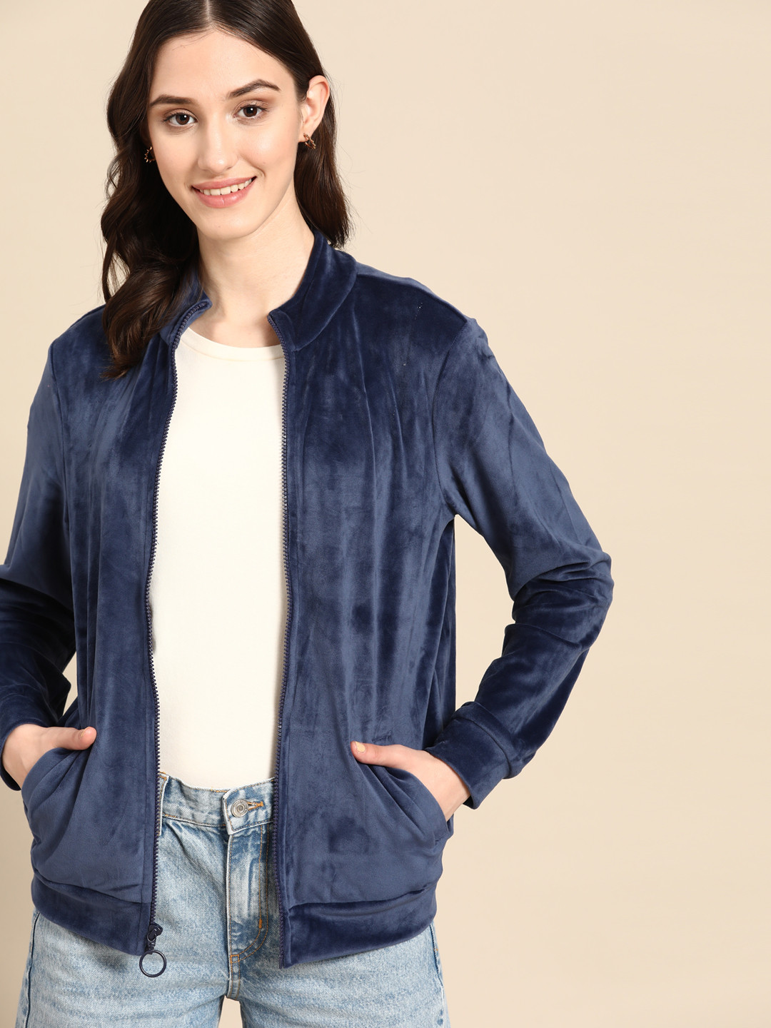 

United Colors of Benetton Women Navy Blue Velvet Finish Solid Sweatshirt