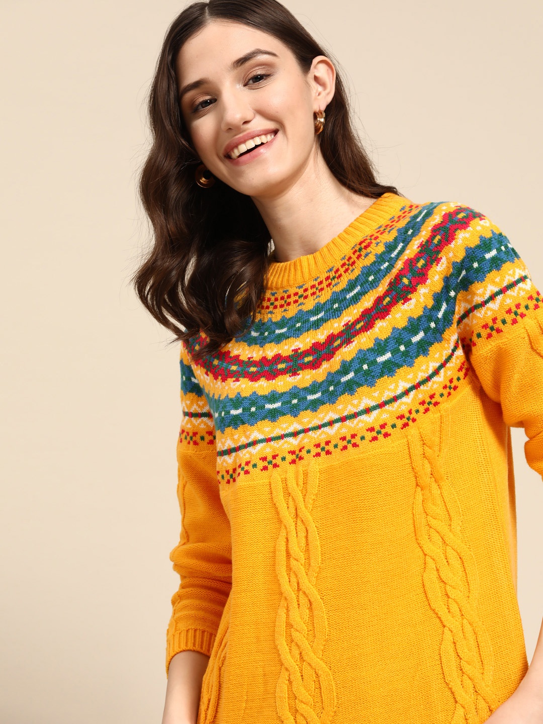 

United Colors of Benetton Women Yellow & Blue Cable Knit Pullover