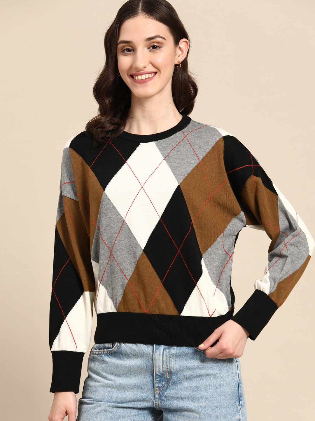 

United Colors of Benetton Women Black & White Argyle Pullover