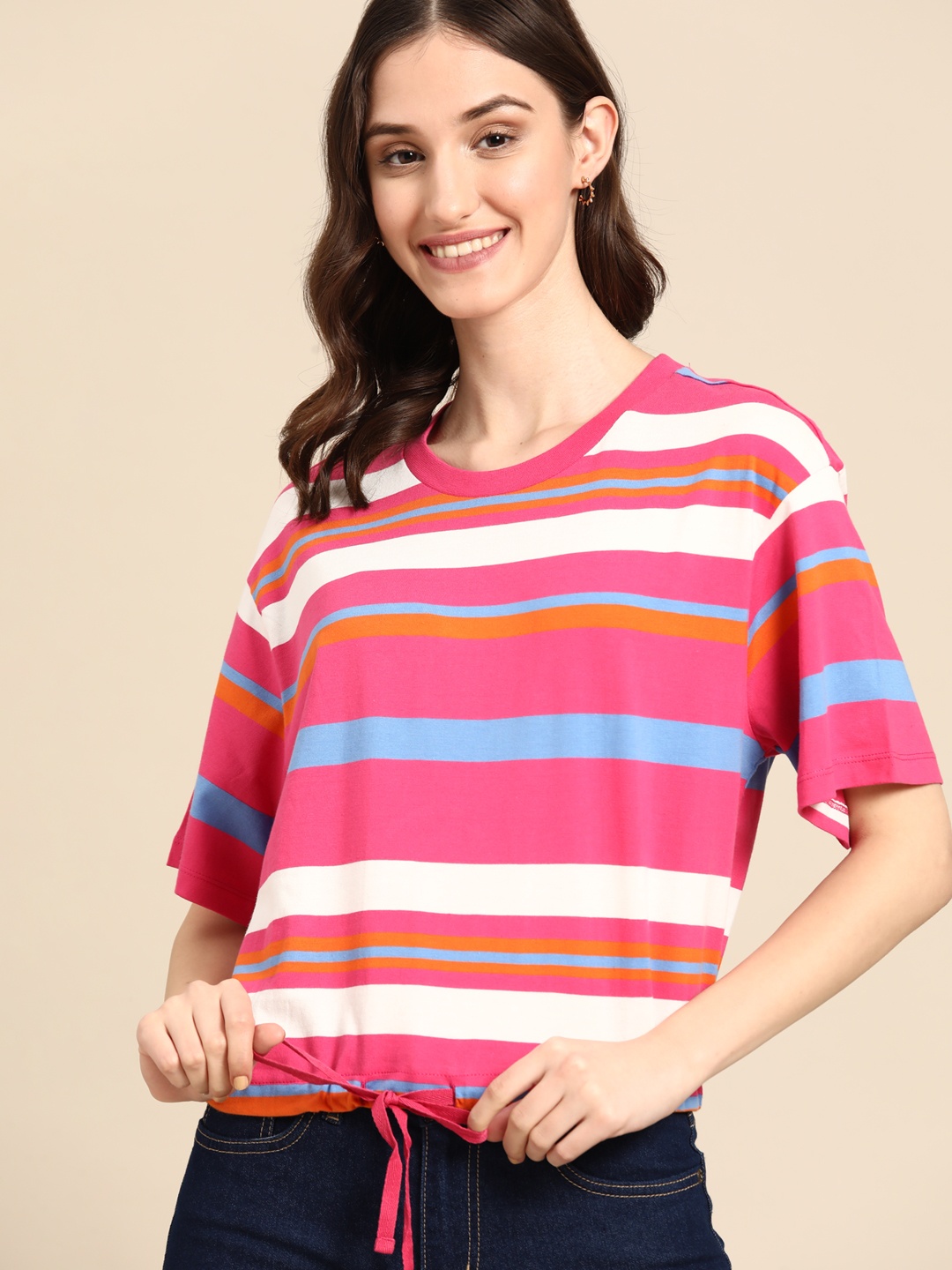 

United Colors of Benetton Pink & Off White Pure Cotton Striped Waist Tie-Up Top