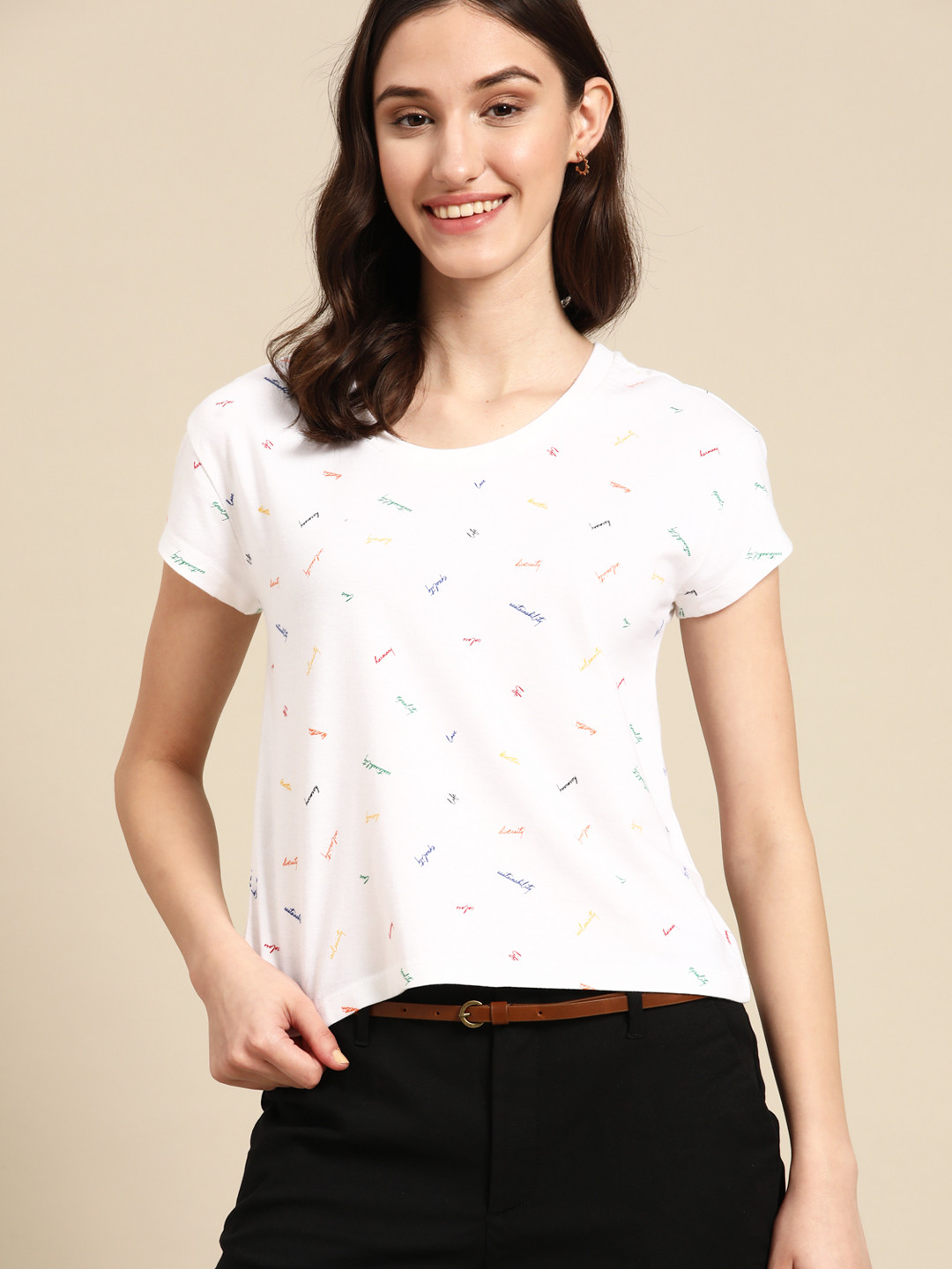 

United Colors of Benetton Women White & Blue Typography Printed Pure Cotton T-shirt