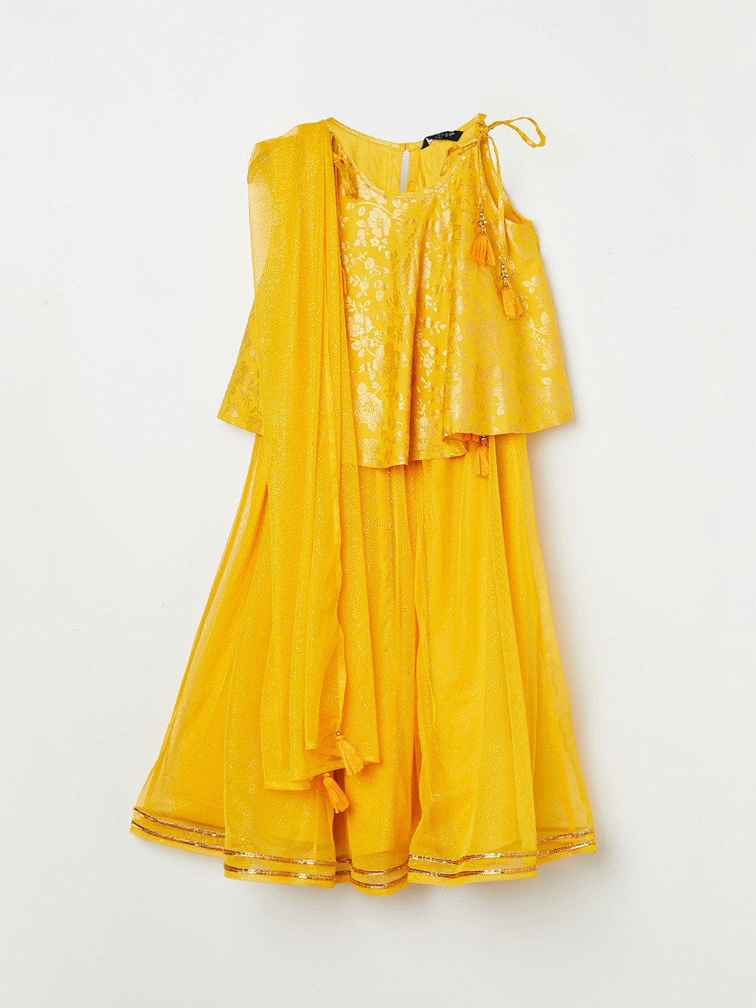 

Melange by Lifestyle Girls Yellow Printed Top with Skirt & With Dupatta