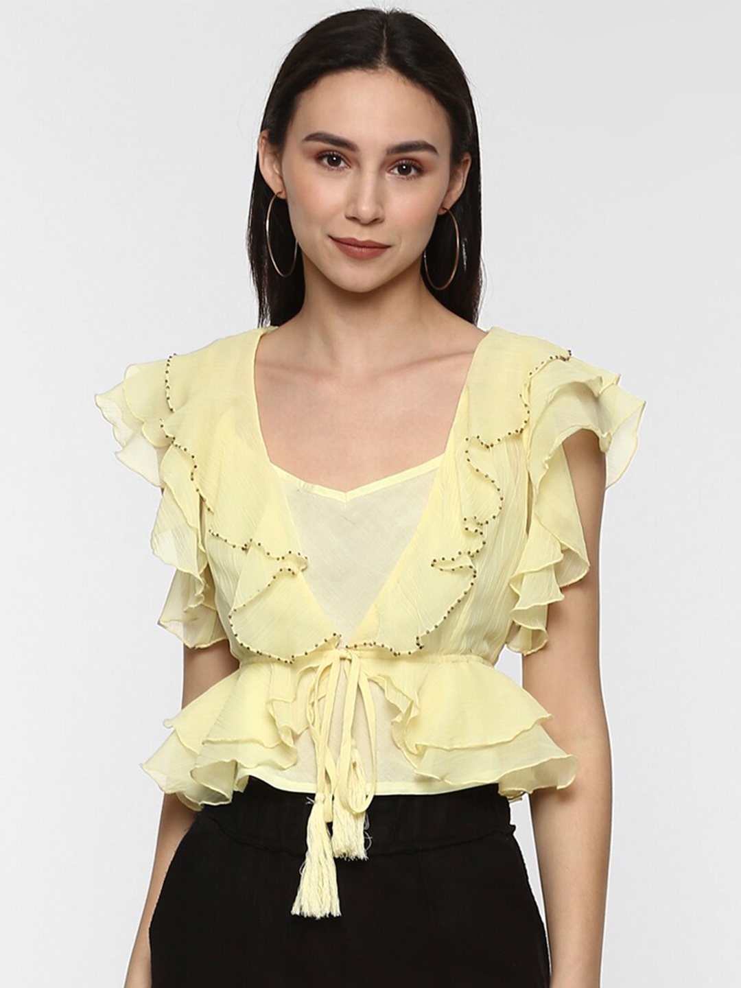 

Porsorte Women Yellow Embellished Ruffled Tie-Up Shrug