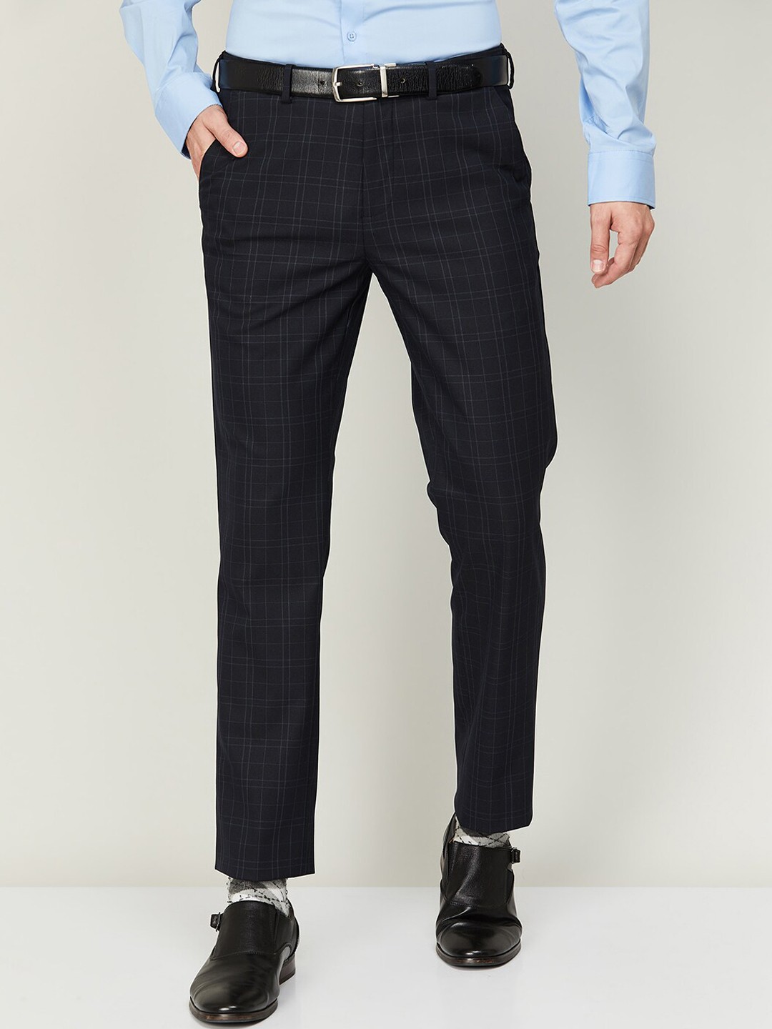 

CODE by Lifestyle Men Navy Blue Checked Trousers