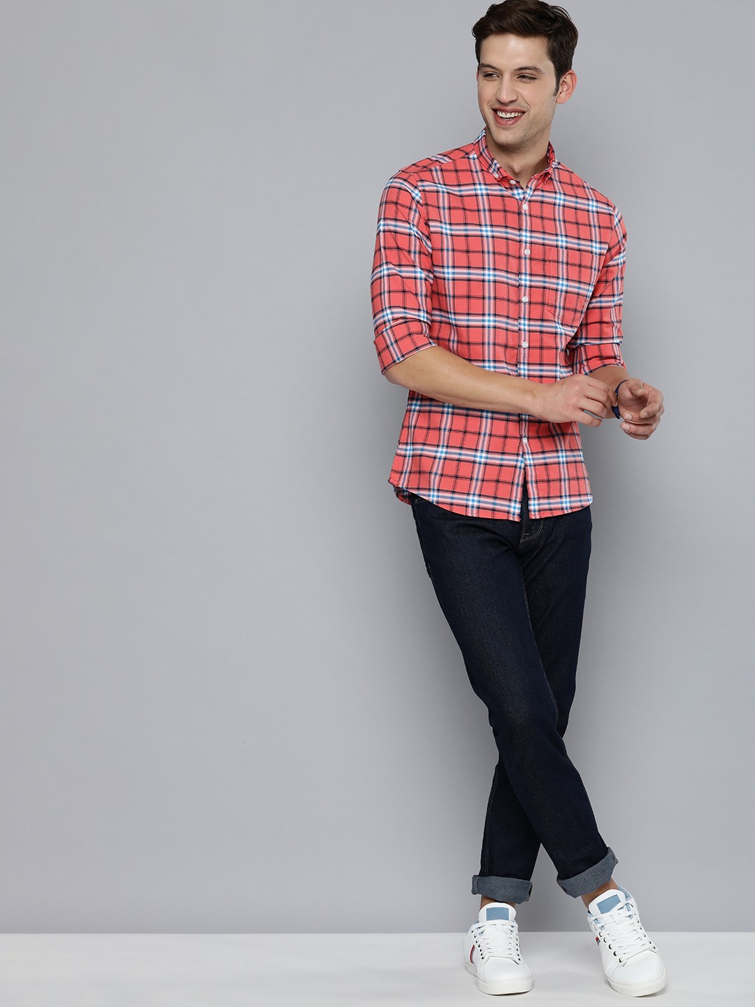

Mast & Harbour Men Coral Orange Tartan Checks Pure Cotton Casual Shirt