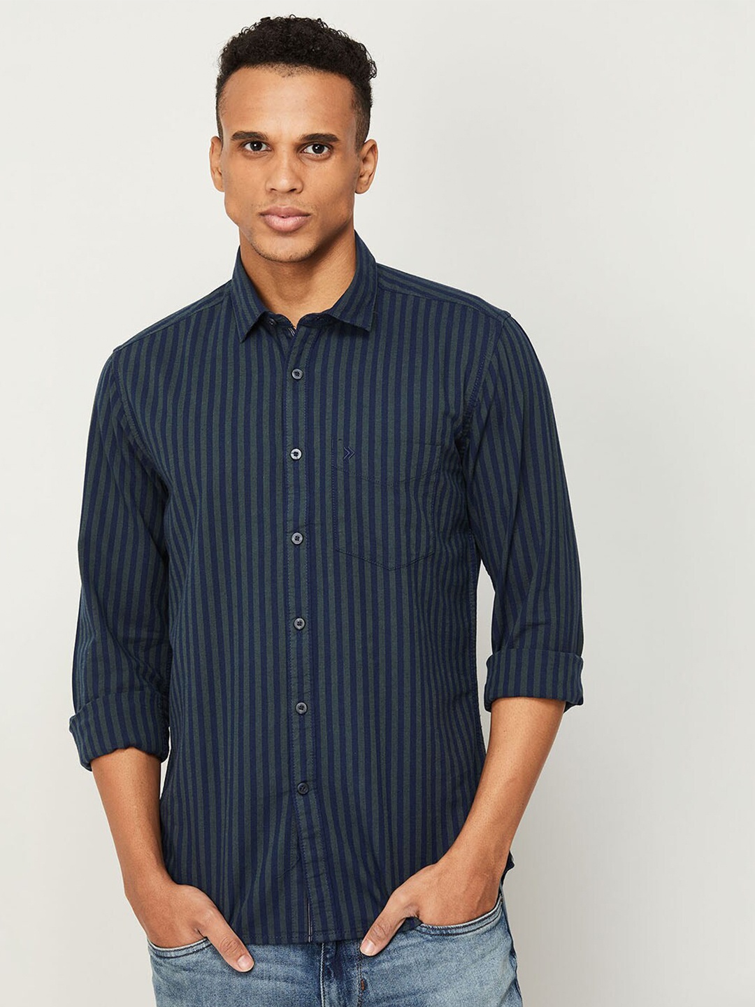 

CODE by Lifestyle Men Green & Blue Striped Cotton Slim Fit Casual Shirt