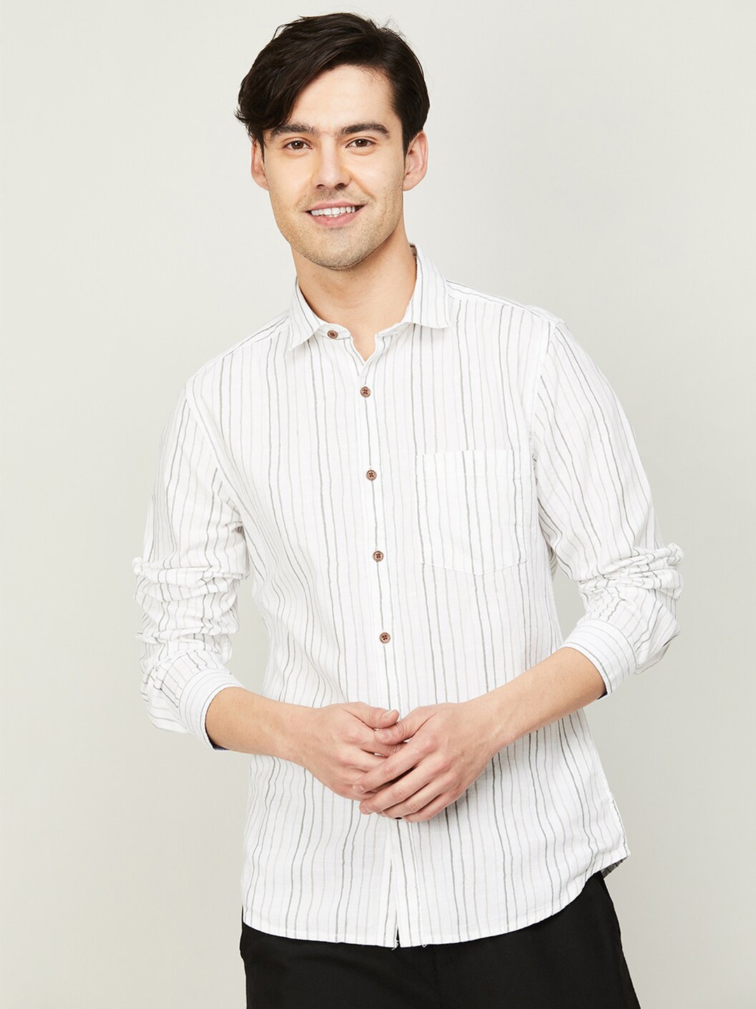 

Melange by Lifestyle Men White Striped Cotton Casual Shirt