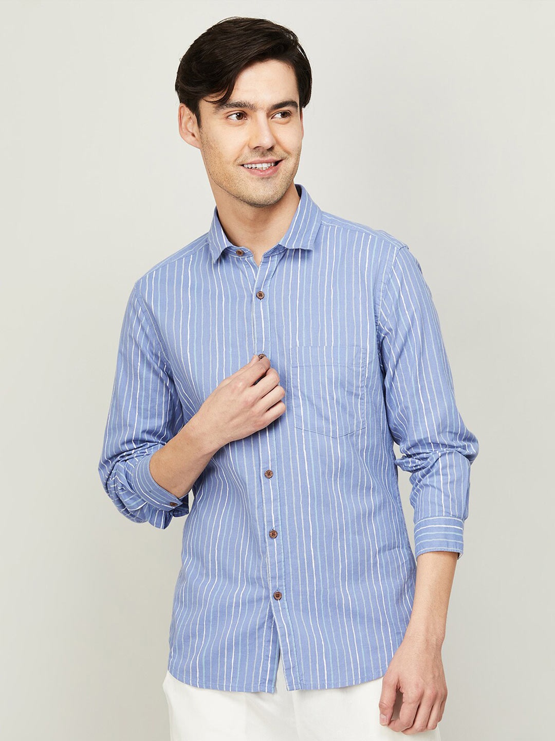 

Melange by Lifestyle Men Blue Striped Cotton Casual Shirt