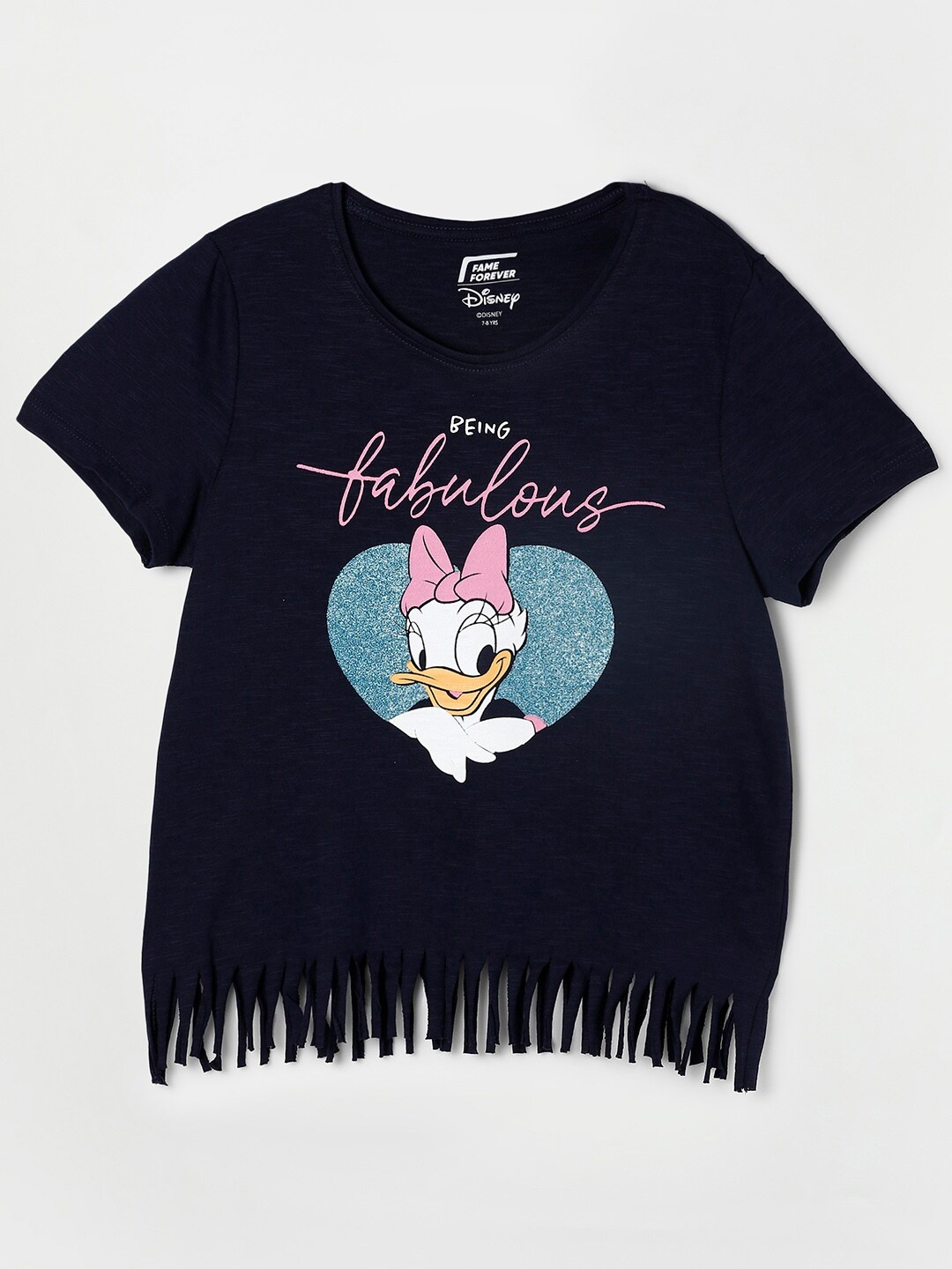 

Fame Forever by Lifestyle Girls Daisy Duck Printed Pure Cotton Raw Edge T-shirt, Navy blue