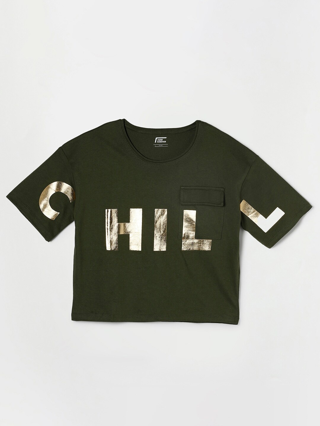 

Fame Forever by Lifestyle Girls Olive Green Typography Printed Pure Cotton T-shirt