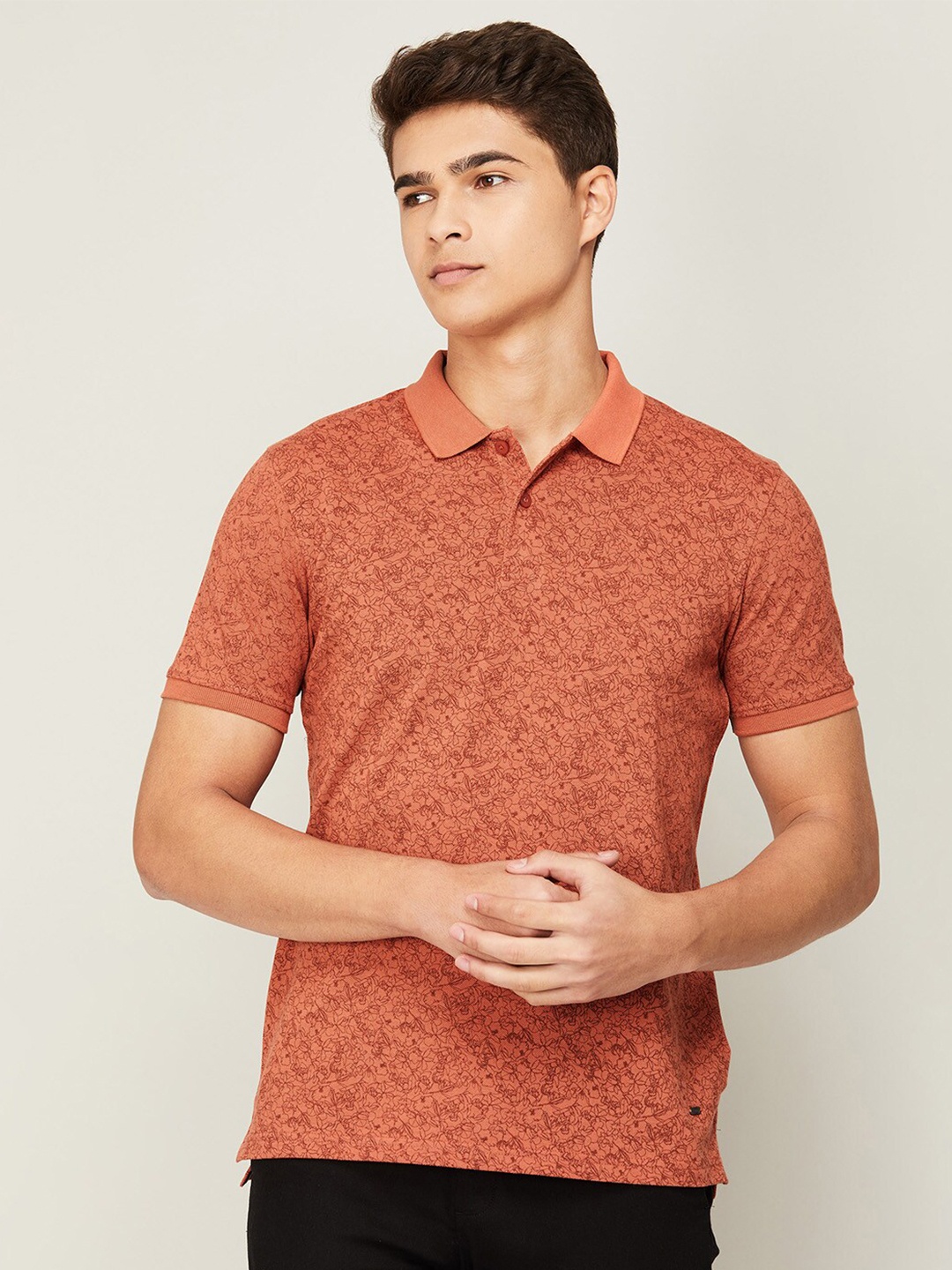 

CODE by Lifestyle Men Orange Floral Printed Polo Collar T-shirt