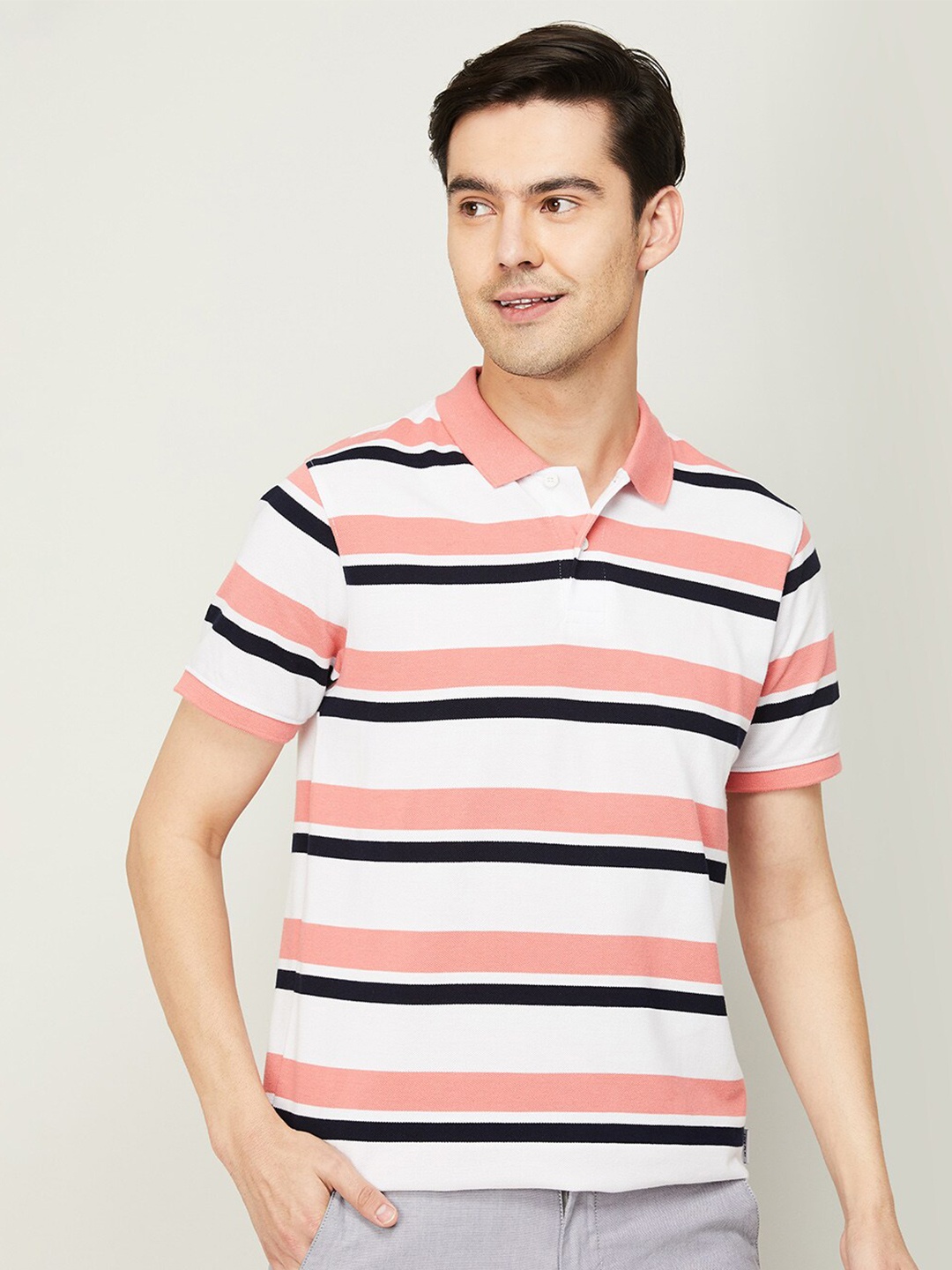 

Fame Forever by Lifestyle Men White & Peach-Coloured Striped Polo Collar T-shirt