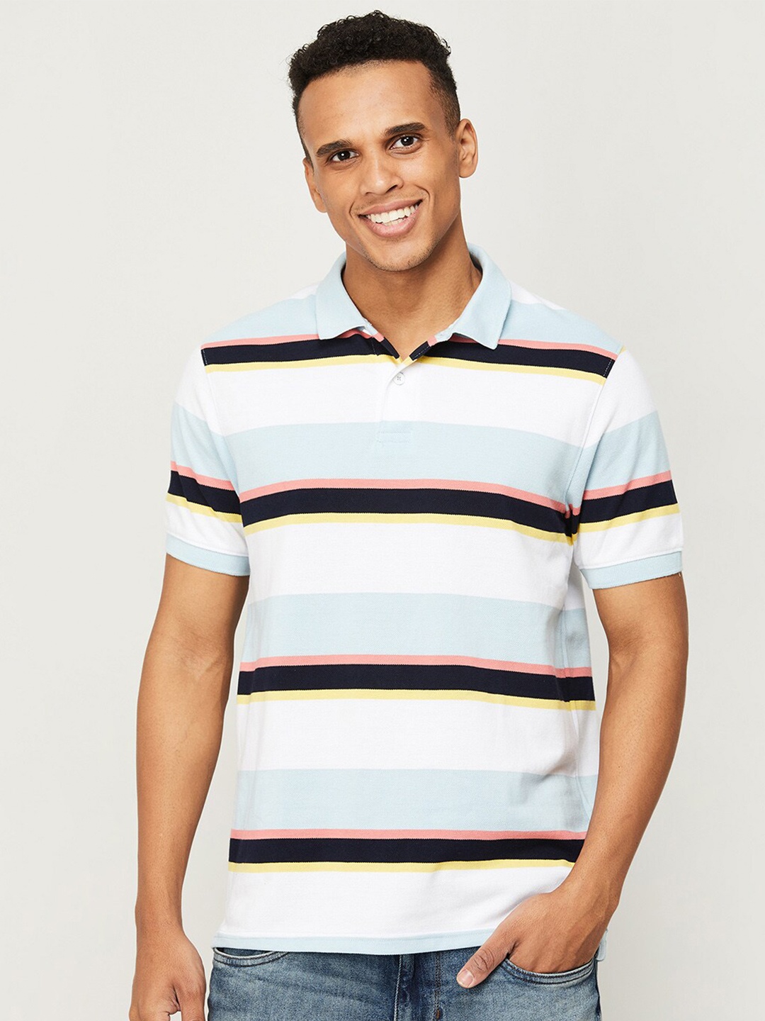 

Fame Forever by Lifestyle Men White & Blue Striped Polo Collar Cotton T-shirt