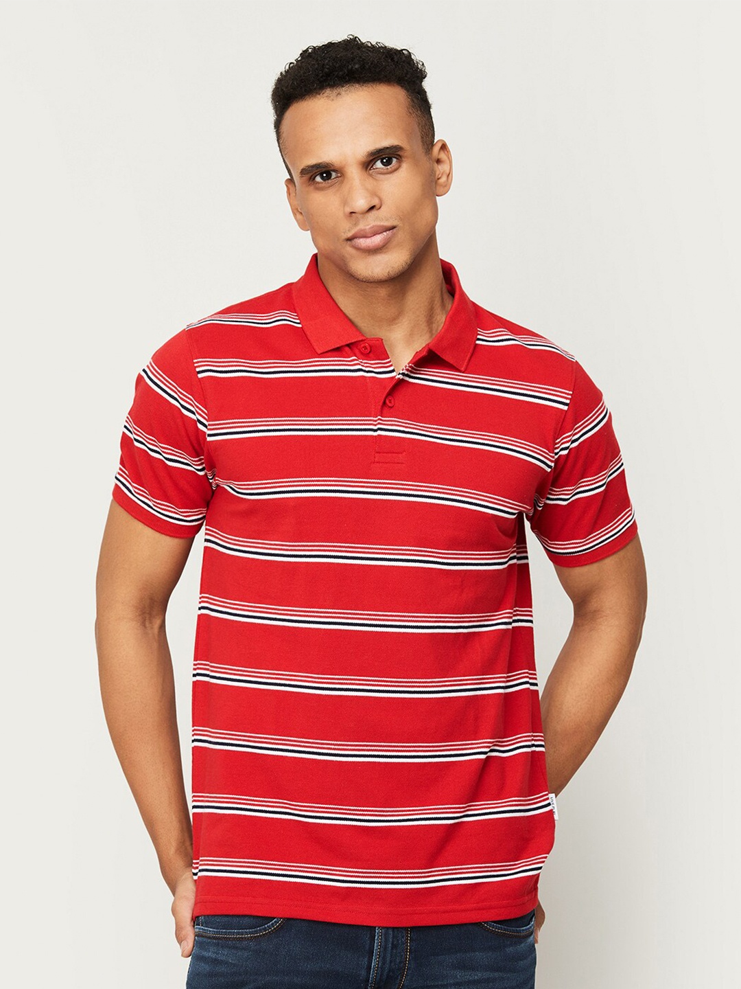 

Fame Forever by Lifestyle Men Red & White Printed Cotton Polo Collar T-shirt