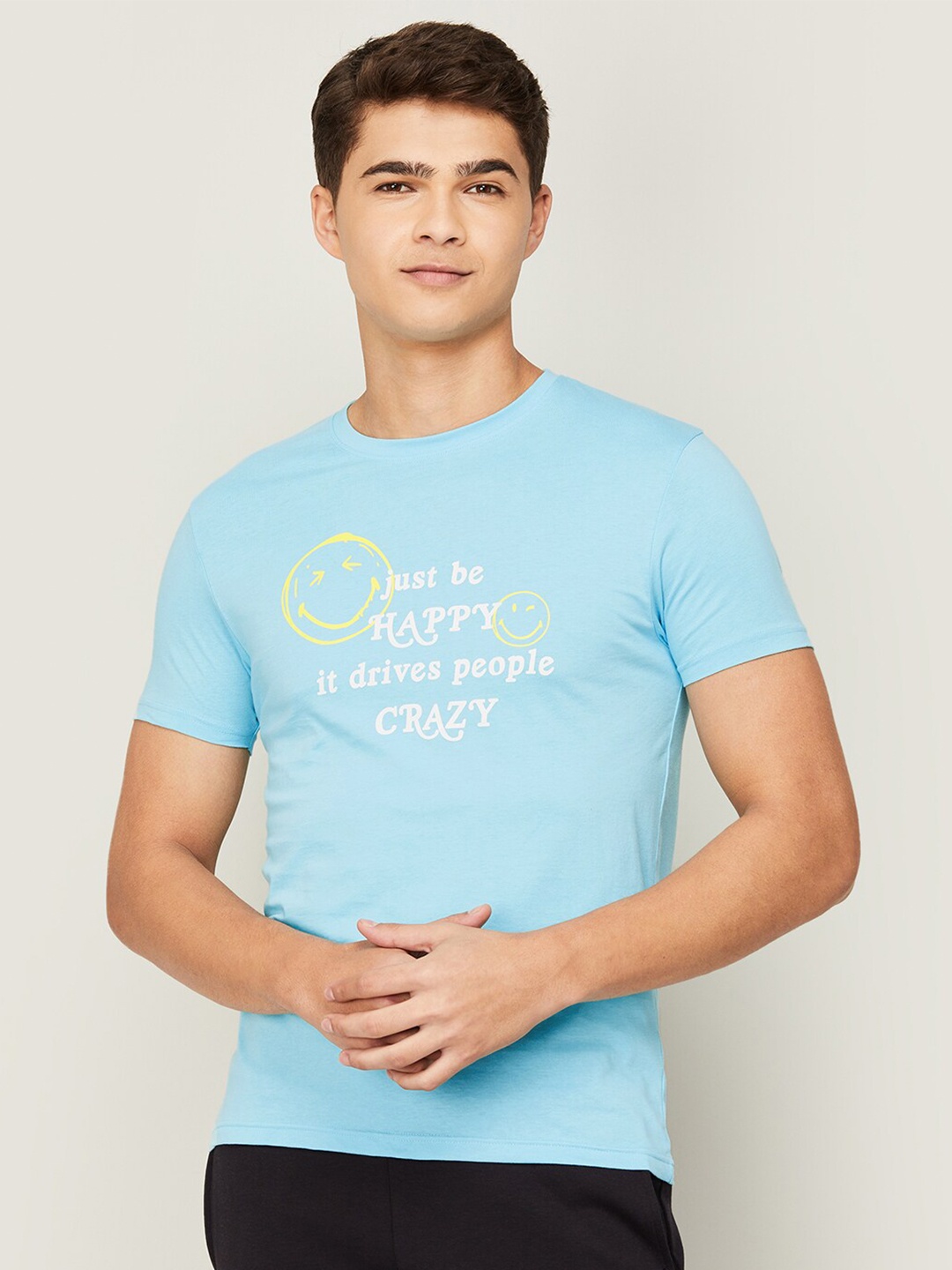 

SmileyWorld Men Blue Typography Printed Cotton T-shirt