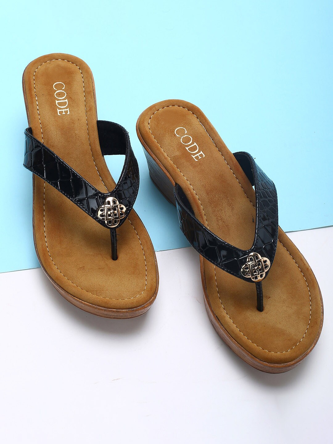 

CODE by Lifestyle Women Black Textured Wedge Sandals with Buckles
