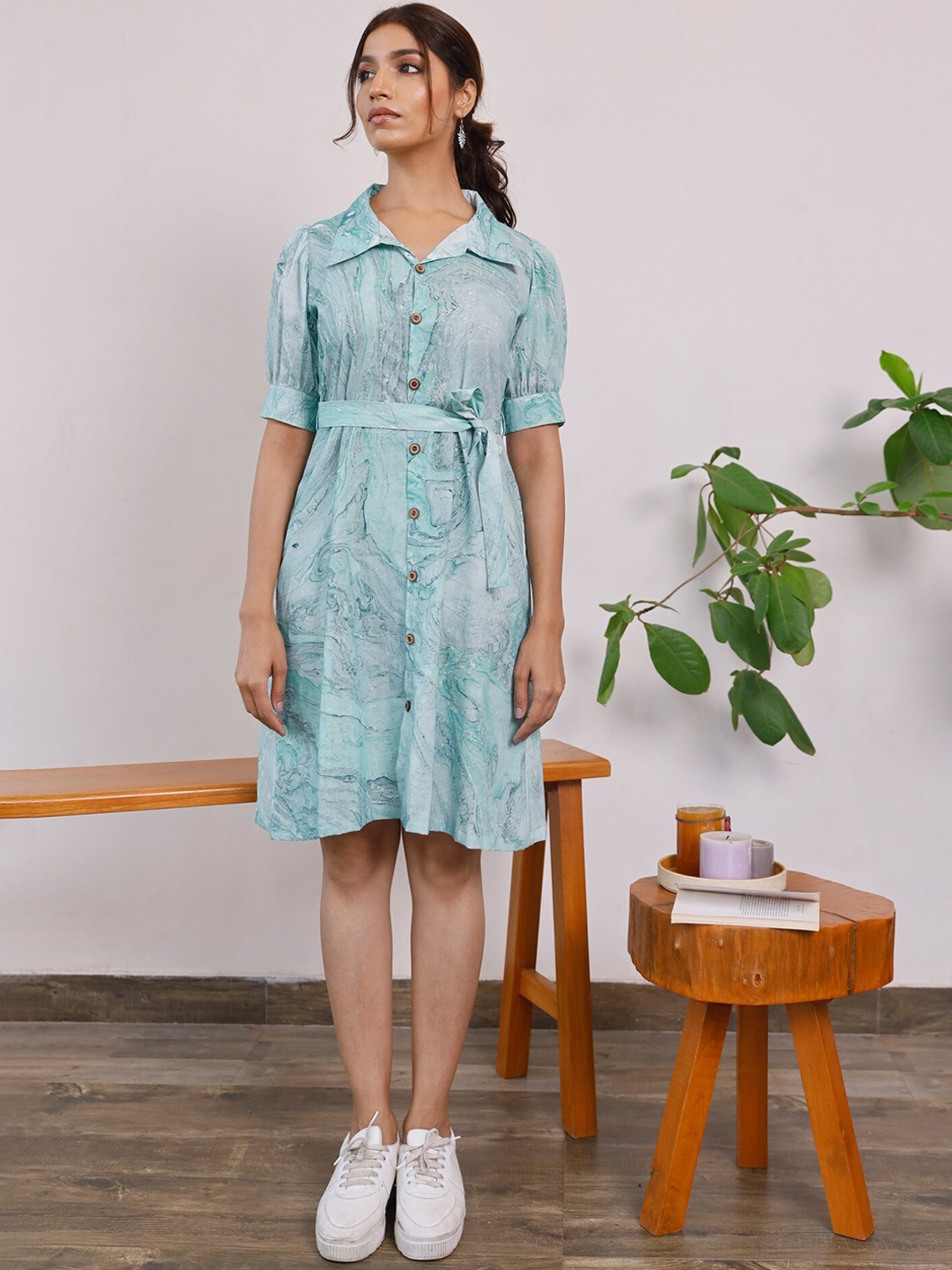 

PHEETA Women Blue Printed Cotton Shirt Style Dress