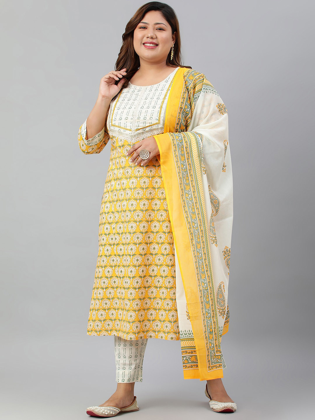 

XL LOVE by Janasya Women Plus Size Yellow Cotton Kurta With Pants and Dupatta