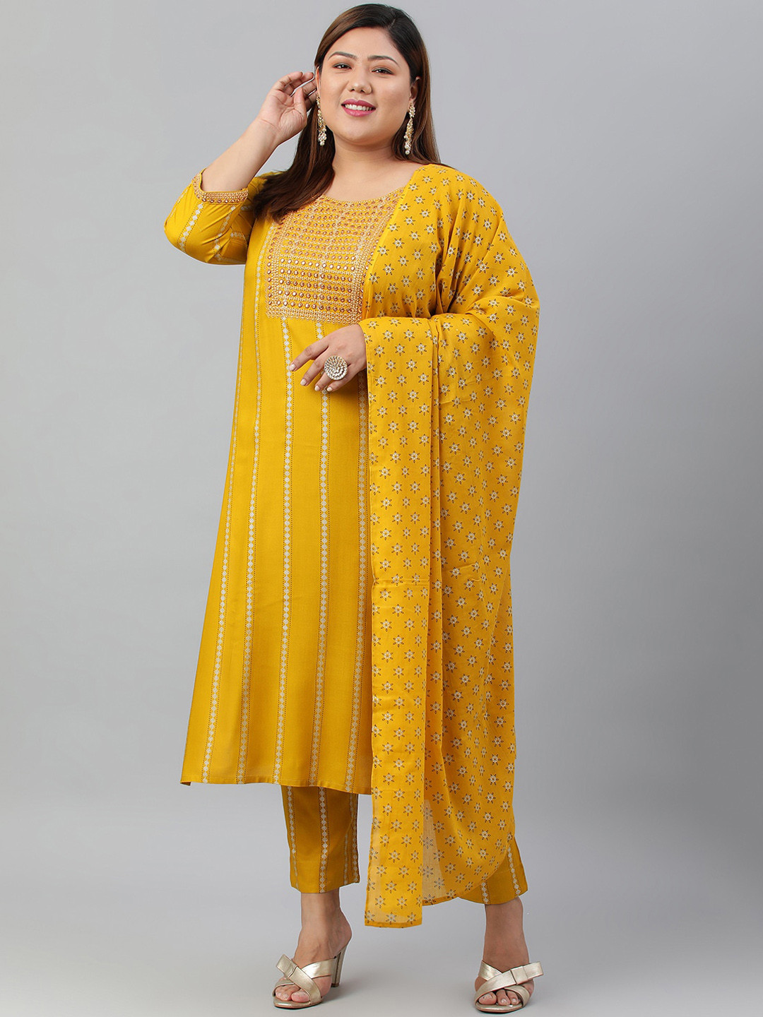 

XL LOVE by Janasya Women Plus Size Mustard Yellow Yoke Design Rayon Kurta with Trouser & Dupatta