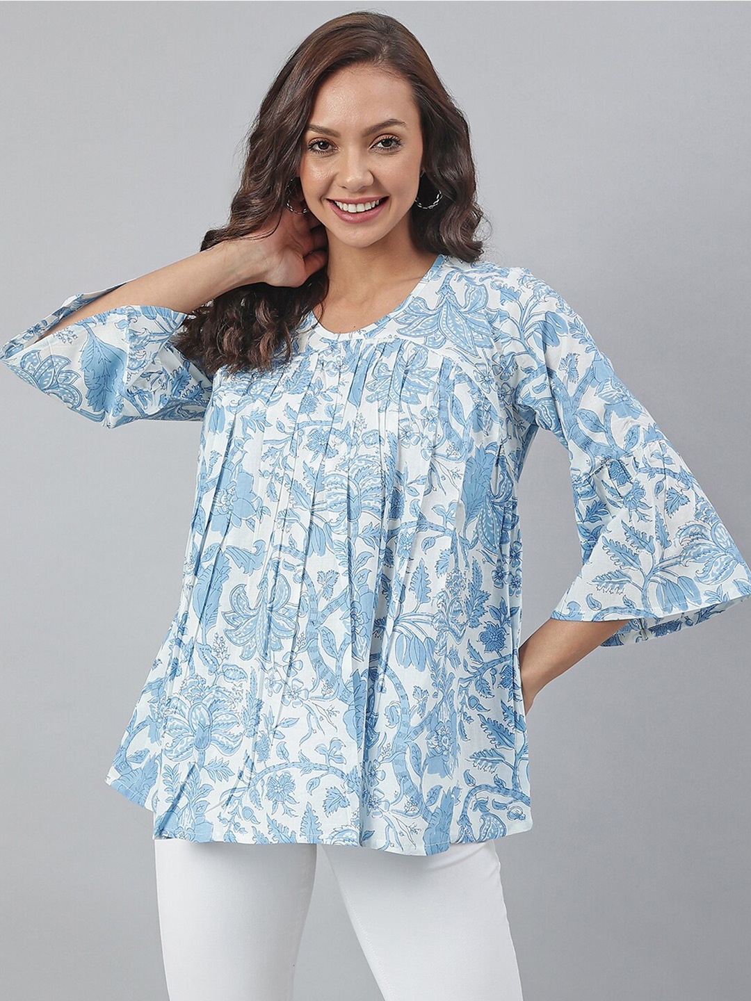 

Janasya White & Blue Pure Cotton Floral Print Flared Top