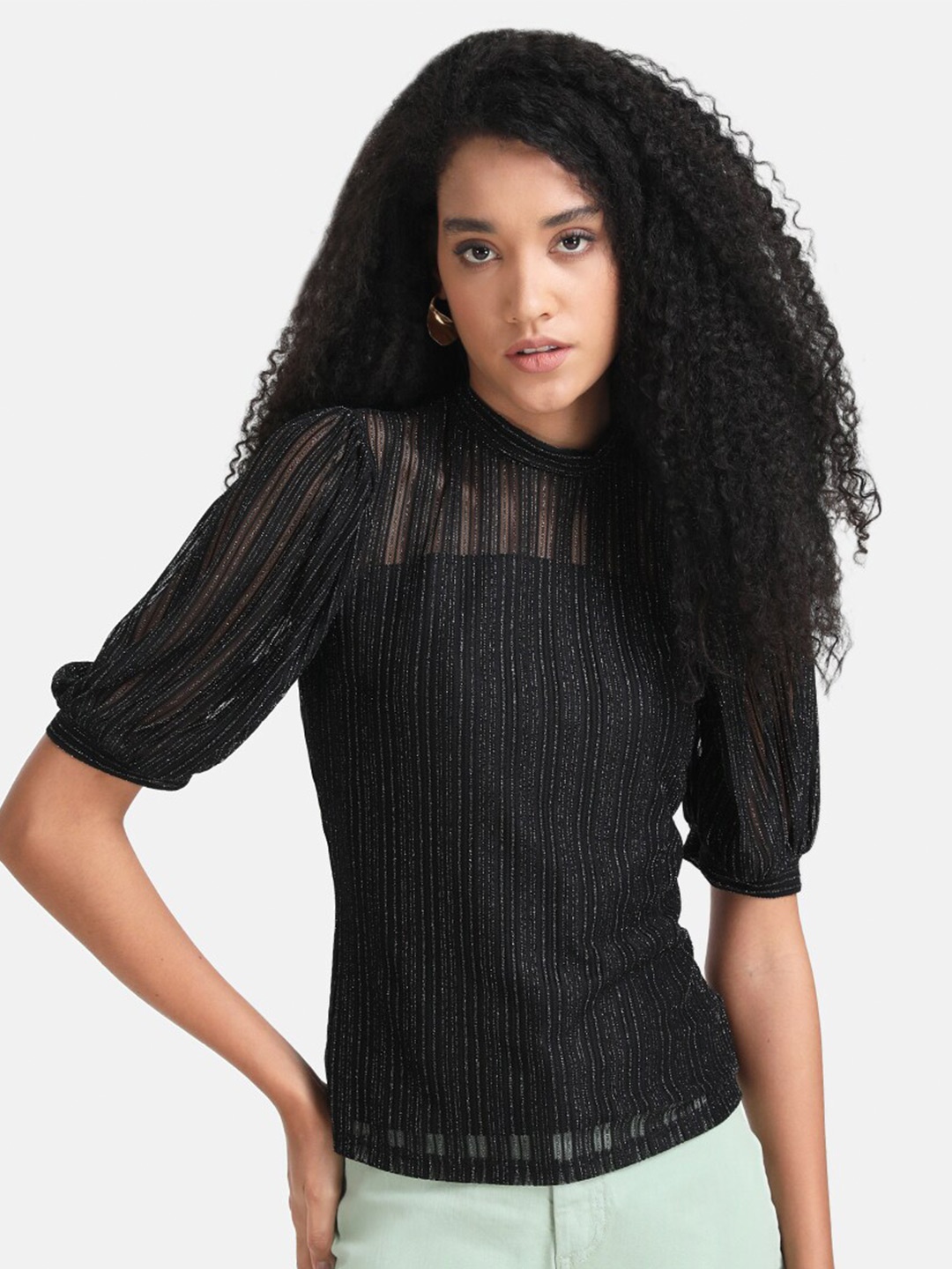 

Kazo Woman Striped Puff Sleeve Top, Black