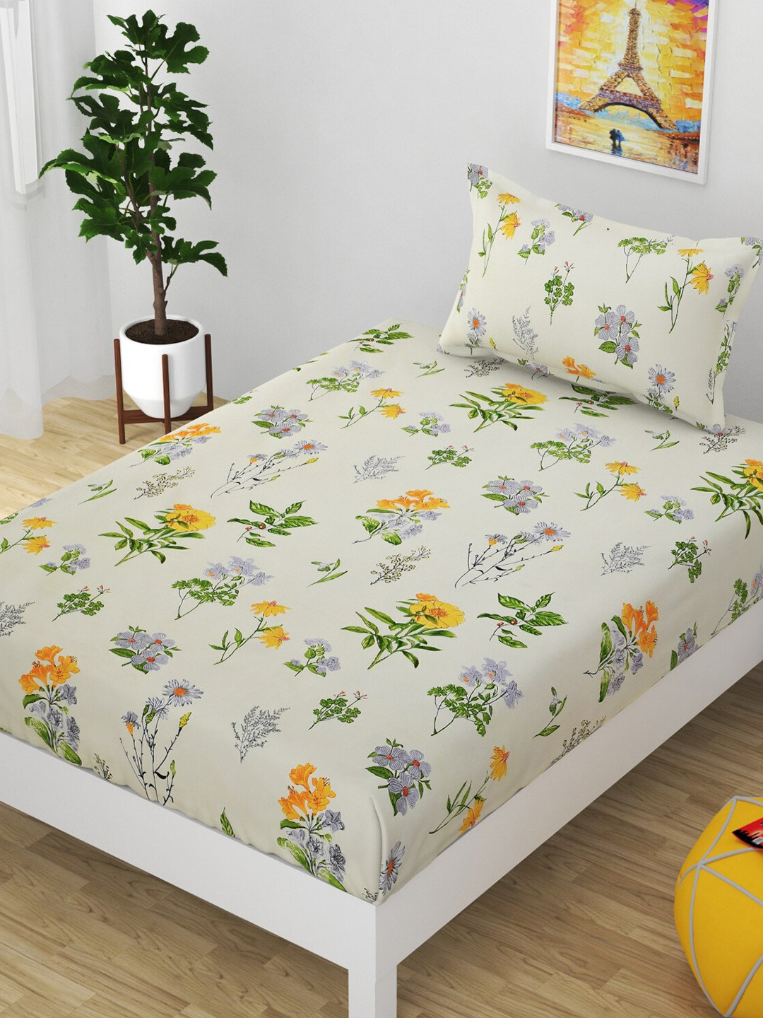 

Bajo's Green & Yellow Floral 210 TC Cotton Single Bedsheet with 1 Pillow Covers