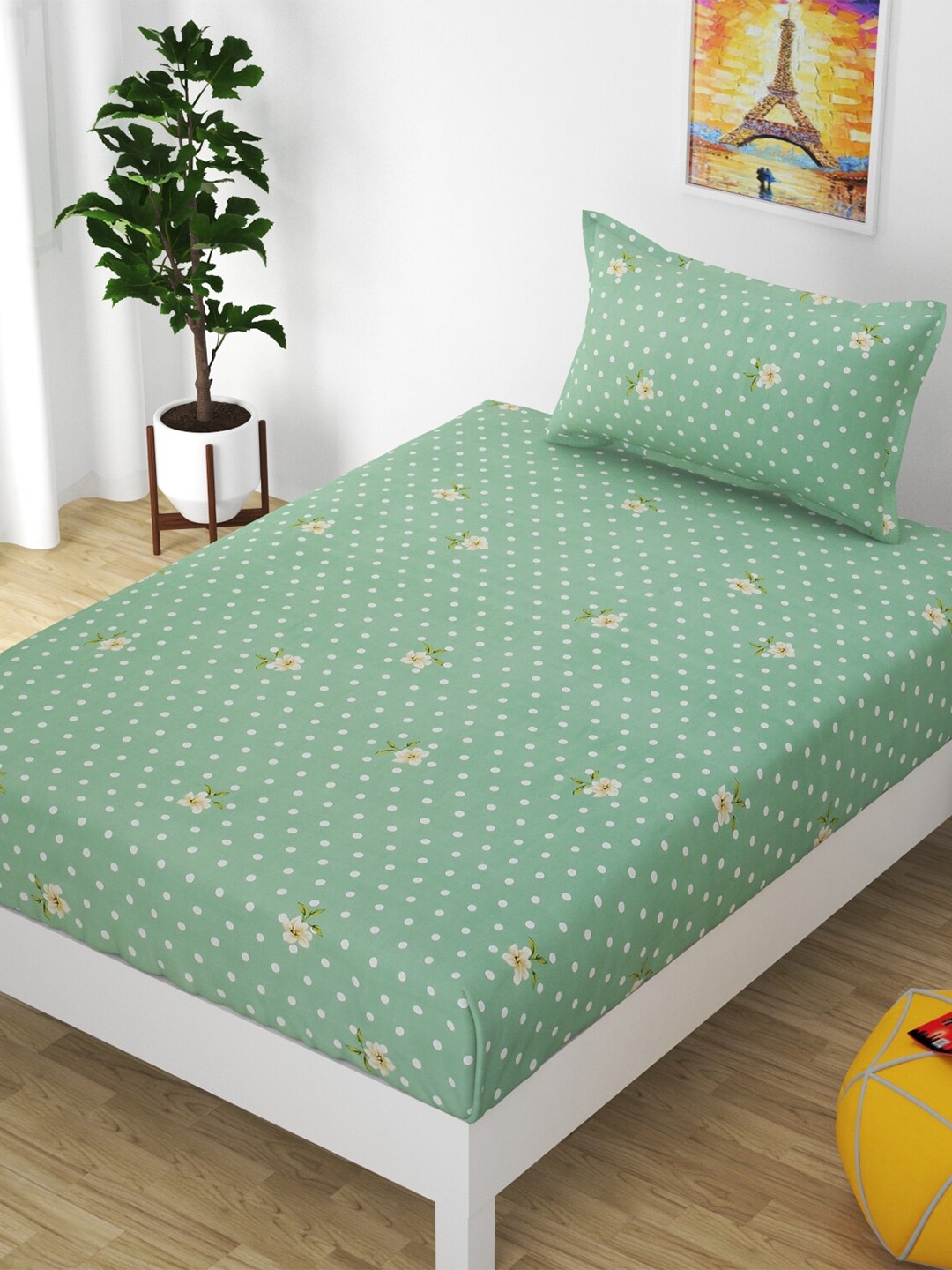 

Bajo's Green & White Floral 210 TC Cotton Single Bedsheet with 1 Pillow Covers