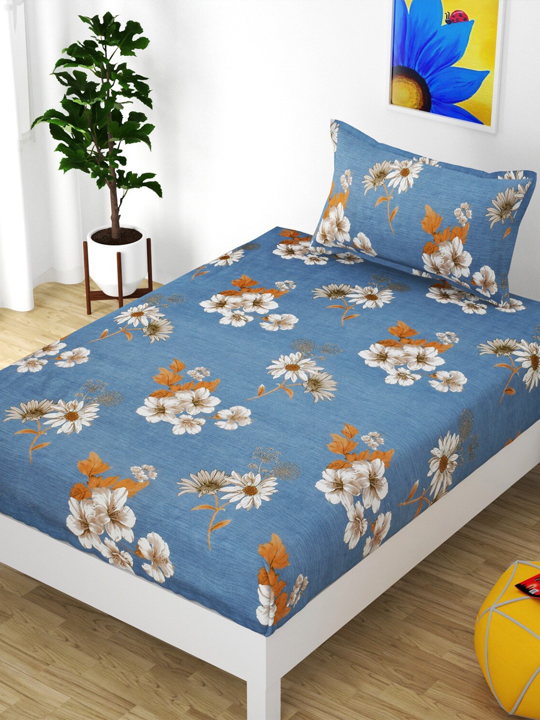 

Bajo's Blue & Off White Floral 210 TC Cotton Single Bedsheet with 1 Pillow Covers
