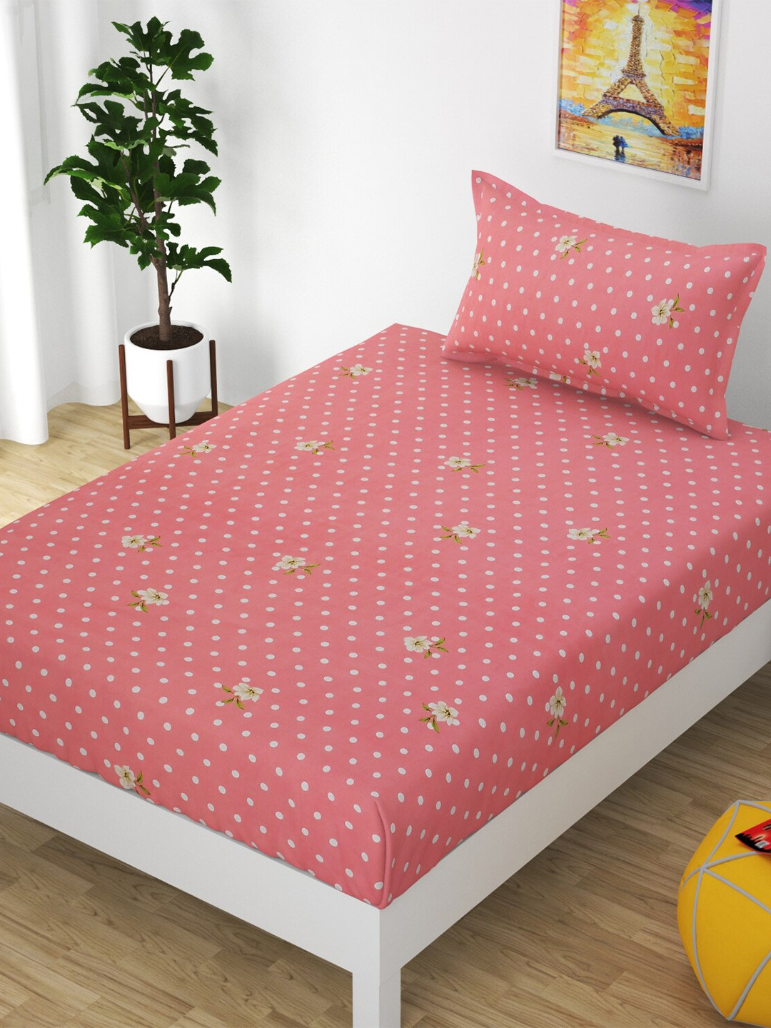 

Bajo's Peach-Coloured & White Floral 210 TC Cotton Single Bedsheet with 1 Pillow Covers