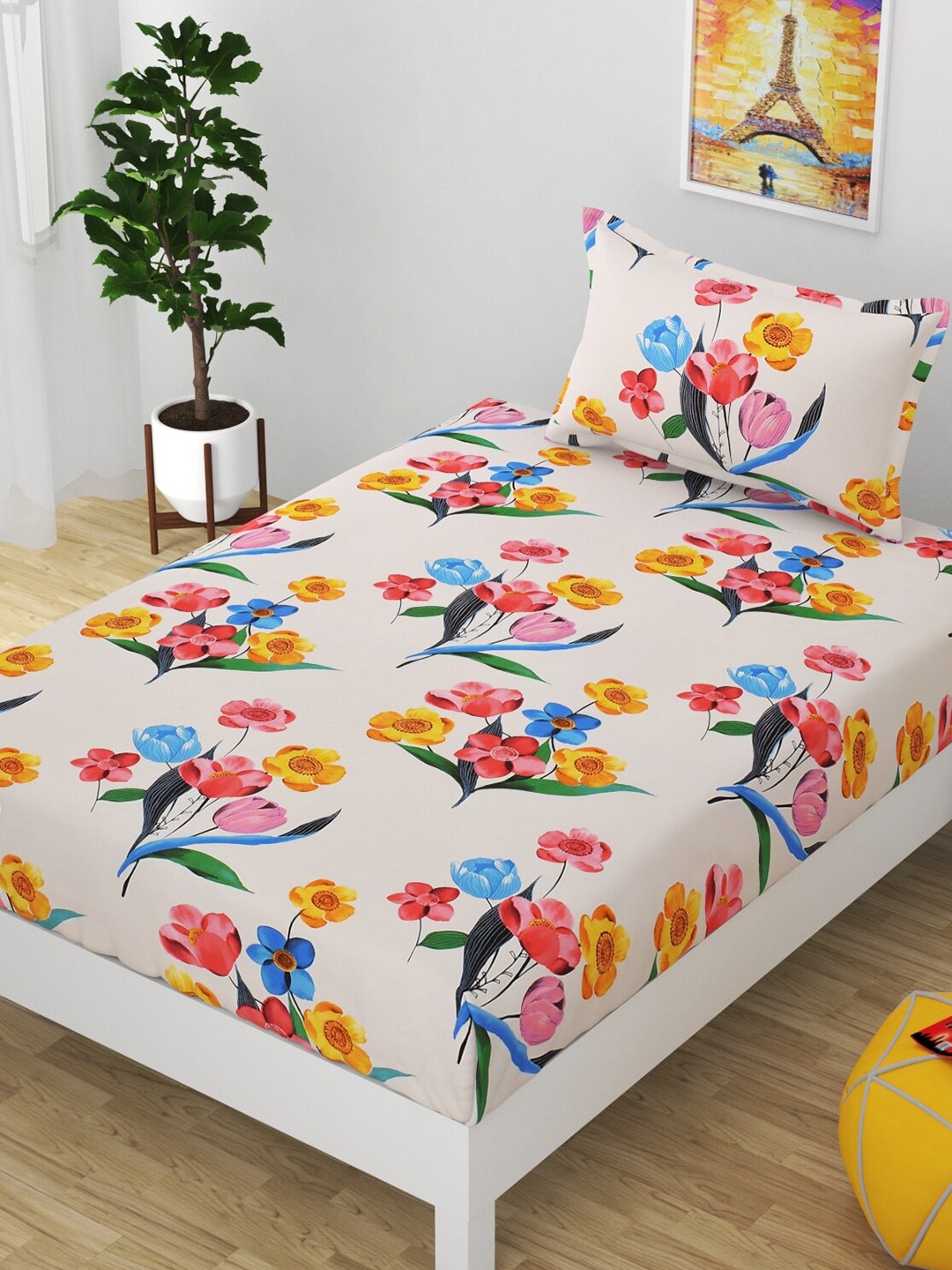 

Bajo's Cream-Coloured & Pink Floral 210 TC Cotton Single Bedsheet with 1 Pillow Covers