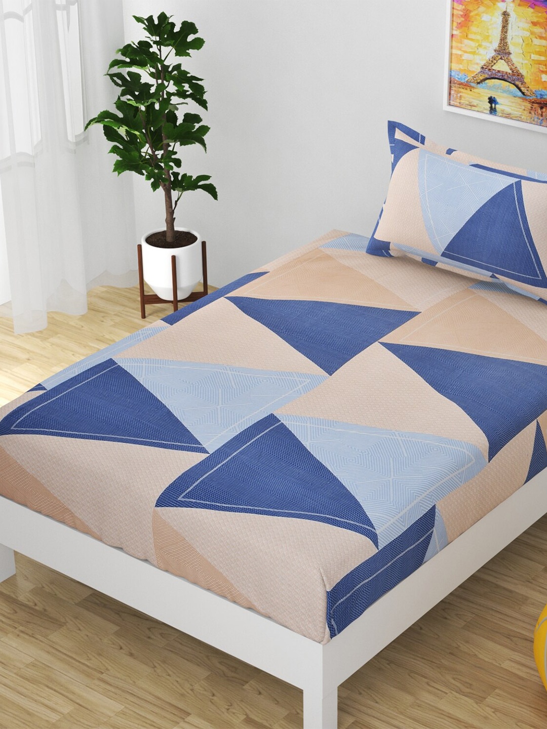 

Bajo's Beige & Blue Geometric 210 TC Single Cotton Bedsheet with 1 Pillow Covers