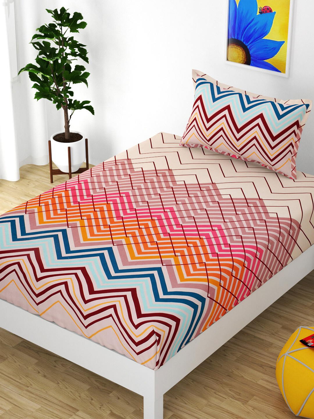 

Bajo's Orange & Cream Geometric 210 TC Cotton Single Bedsheet with 1 Pillow Covers