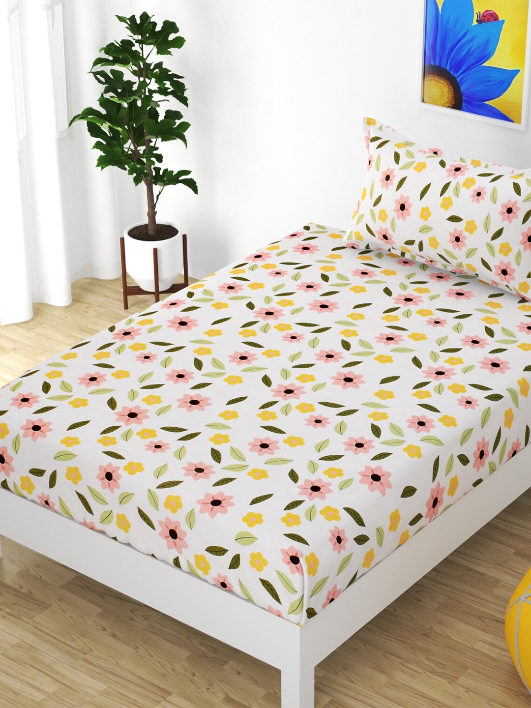 

Bajo's Off White & Yellow Floral 210 TC Single Bedsheet with 1 Pillow Covers