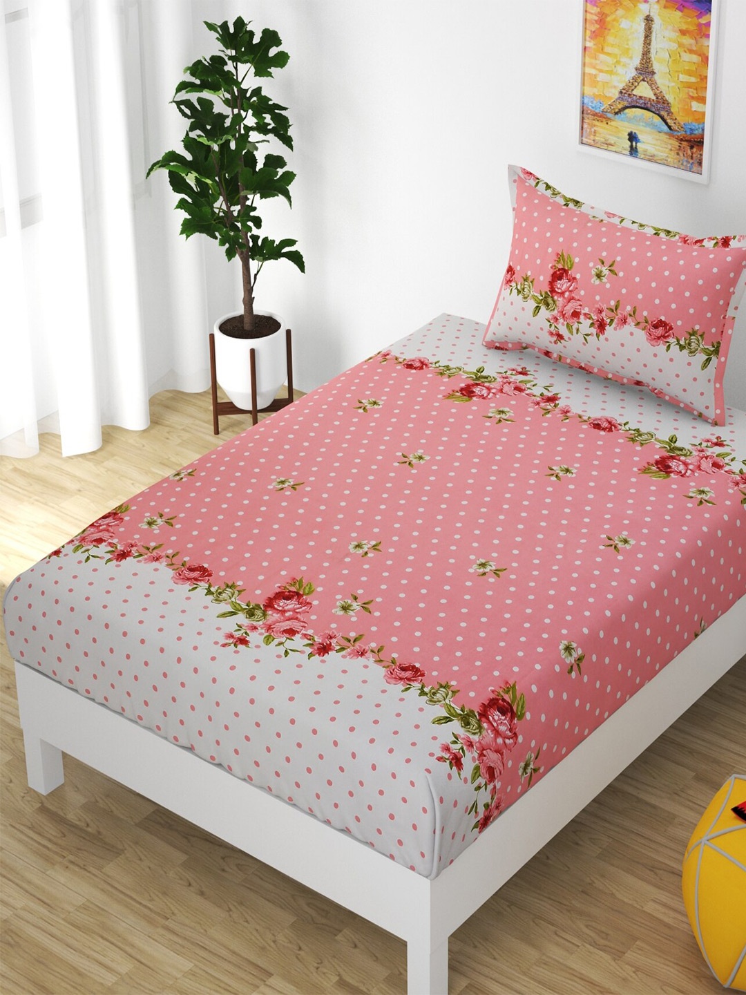 

Bajo's White & Pink Floral 210 TC Single Bedsheet with 1 Pillow Covers