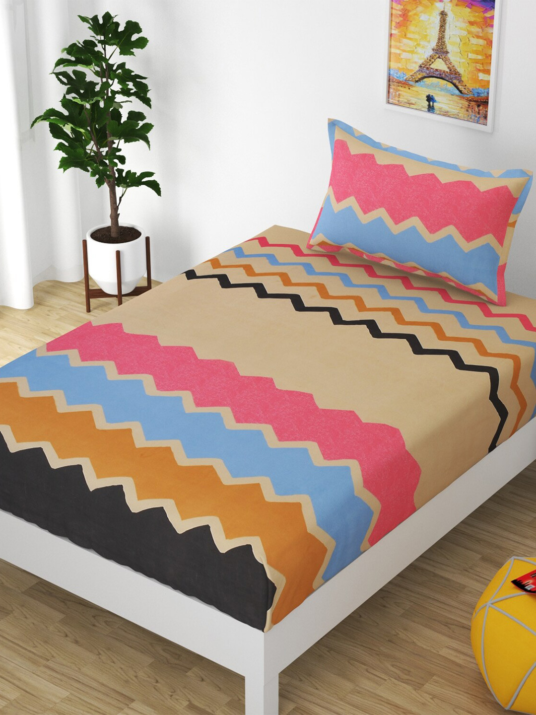

Bajo's Brown & Pink Geometric 210 TC Cotton Single Bedsheet with 1 Pillow Covers