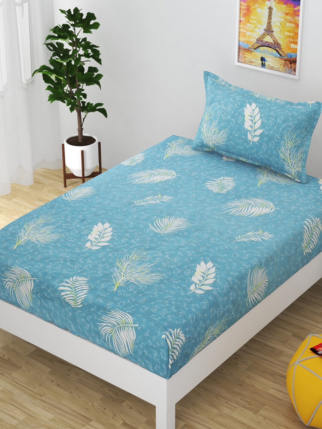 

Bajo's Blue & White Floral 210 TC Cotton Single Bedsheet with 1 Pillow Covers