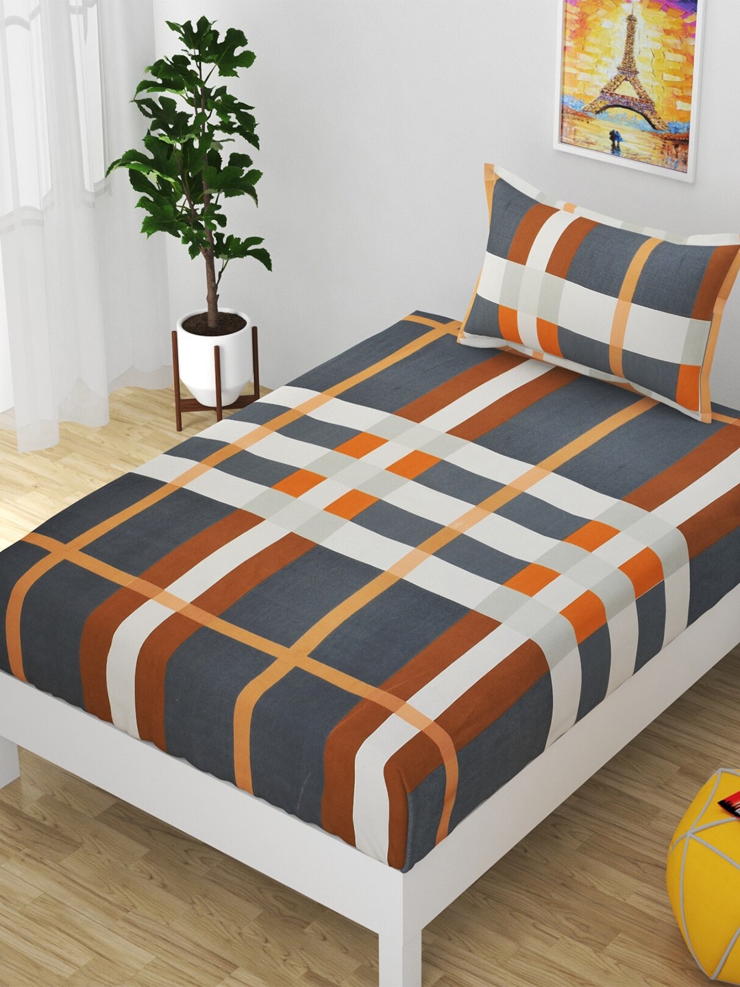

Bajo's Grey & White Geometric 210 TC Cotton Single Bedsheet with 1 Pillow Covers