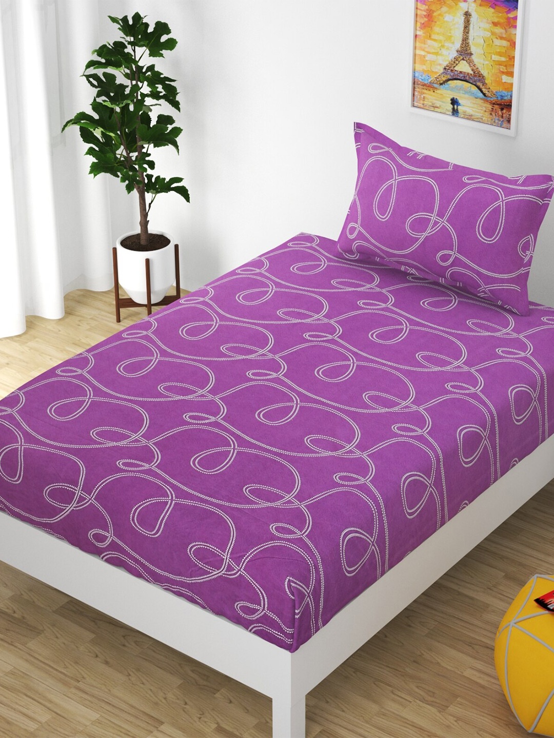 

Bajo's Purple & White 210 TC Cotton Single Bedsheet with 1 Pillow Covers
