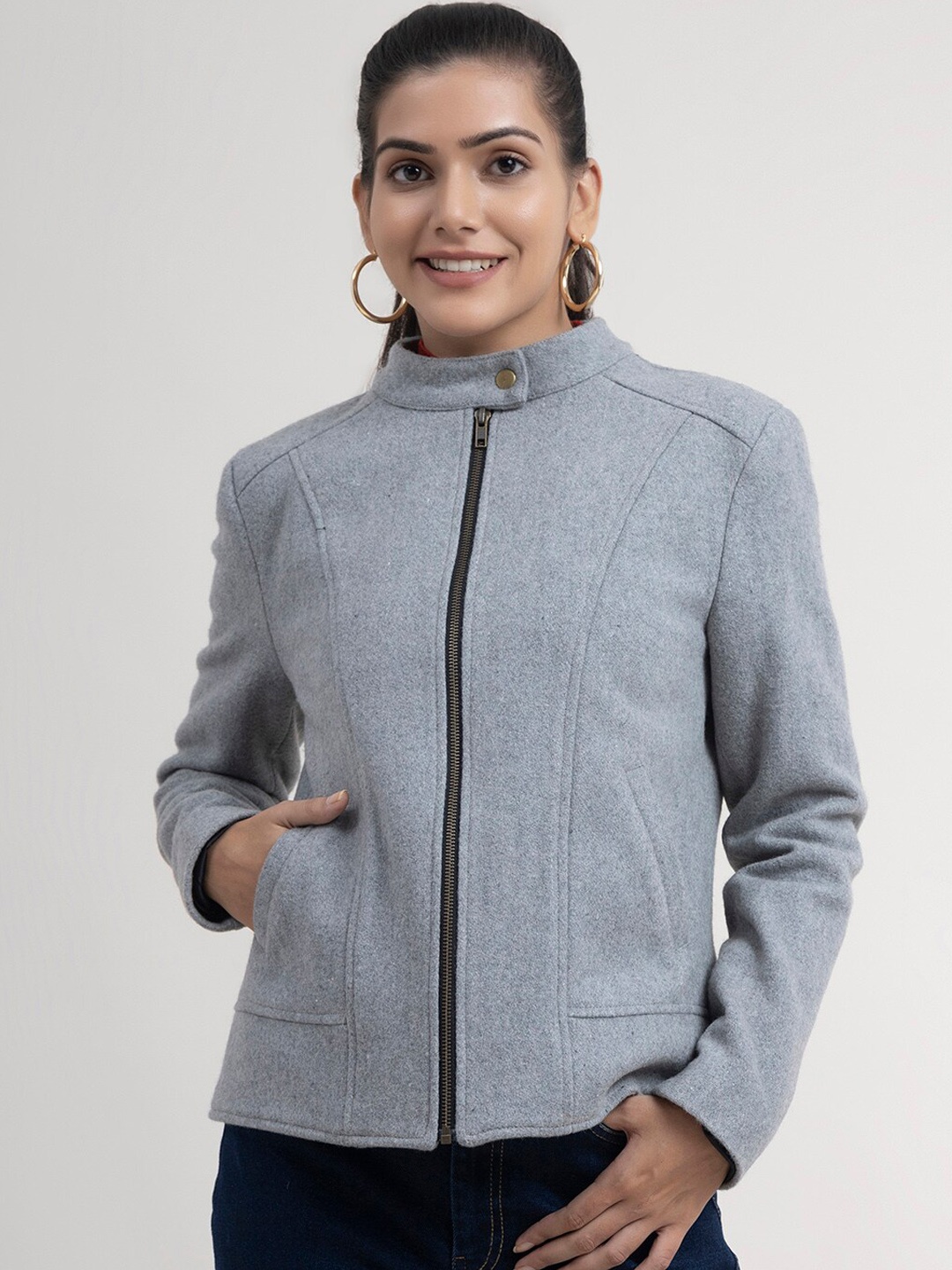 

FableStreet Women Grey Solid Wool Tailored Jacket