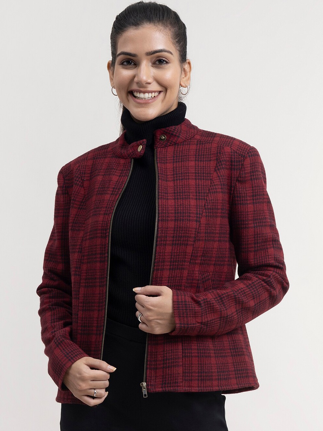 

FableStreet Women Maroon Navy Blue Checked Tailored Jacket