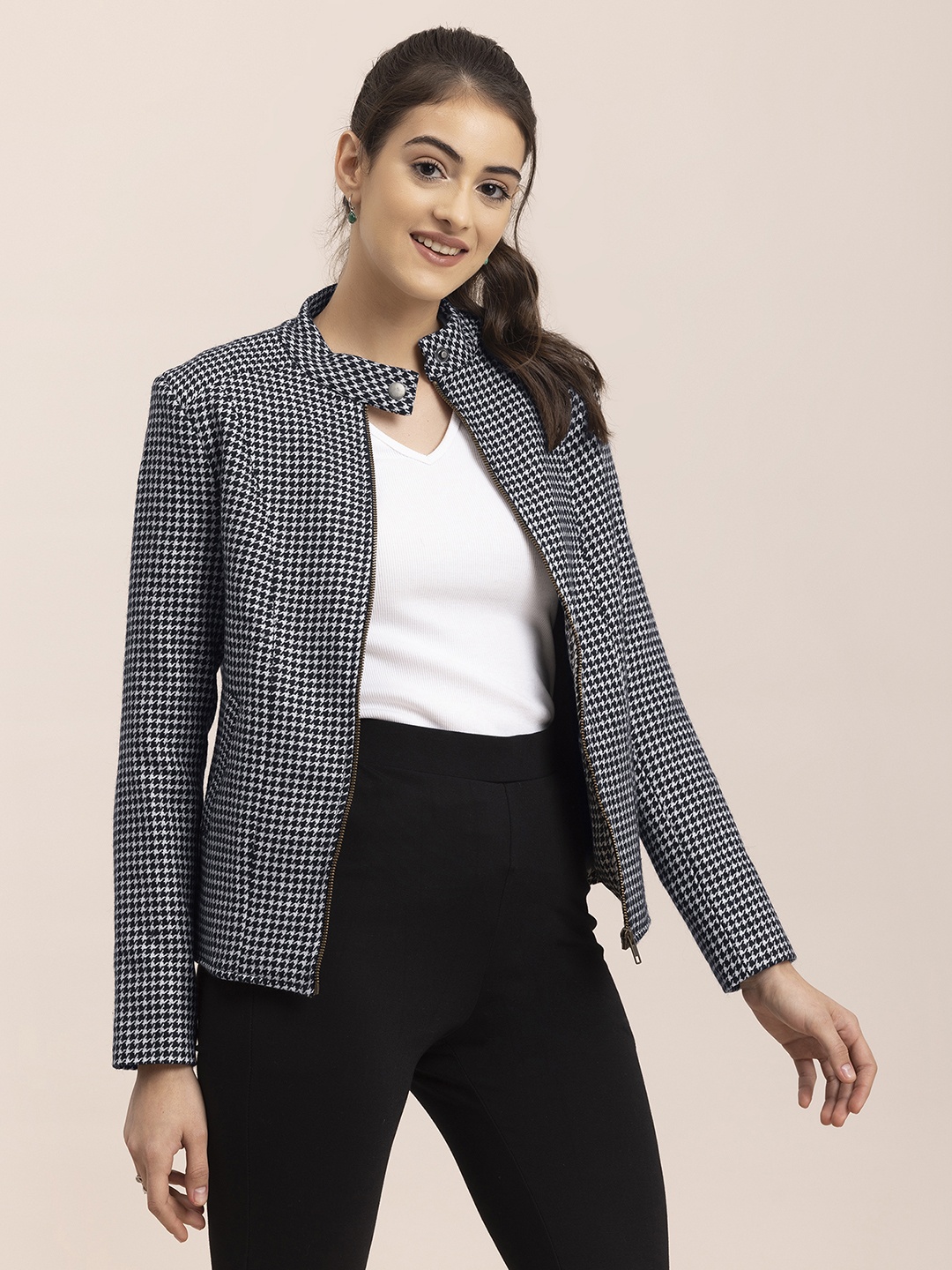 

FableStreet Women Black Houndstooth Jacket